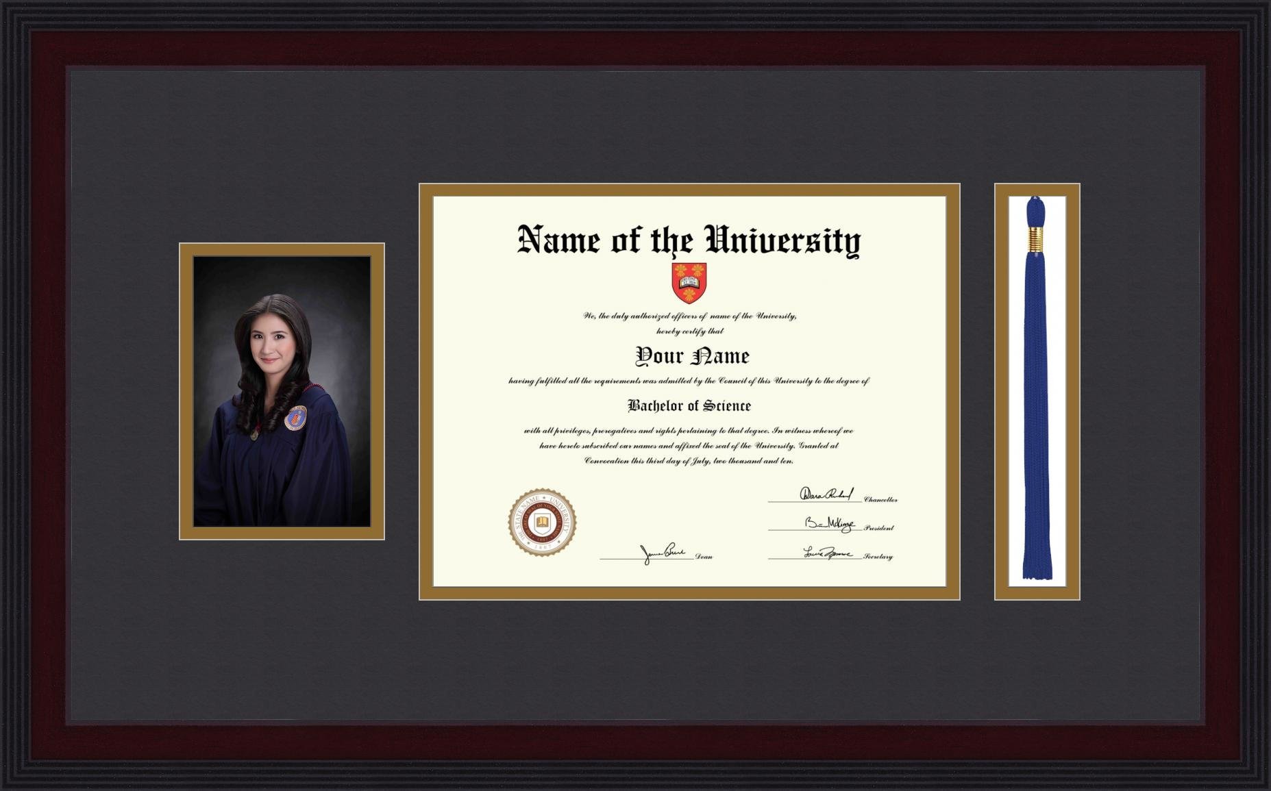 ArtToFrames 8.5x11 Diploma Picture Frame with 4x6 Photo Opening & 1.5x8.5 Tassel Slot - Windsor Mahogany Wood Display Frame for Graduation Certificates, Diplomas, and Awards - Perfect for Home, Office, or School Decor