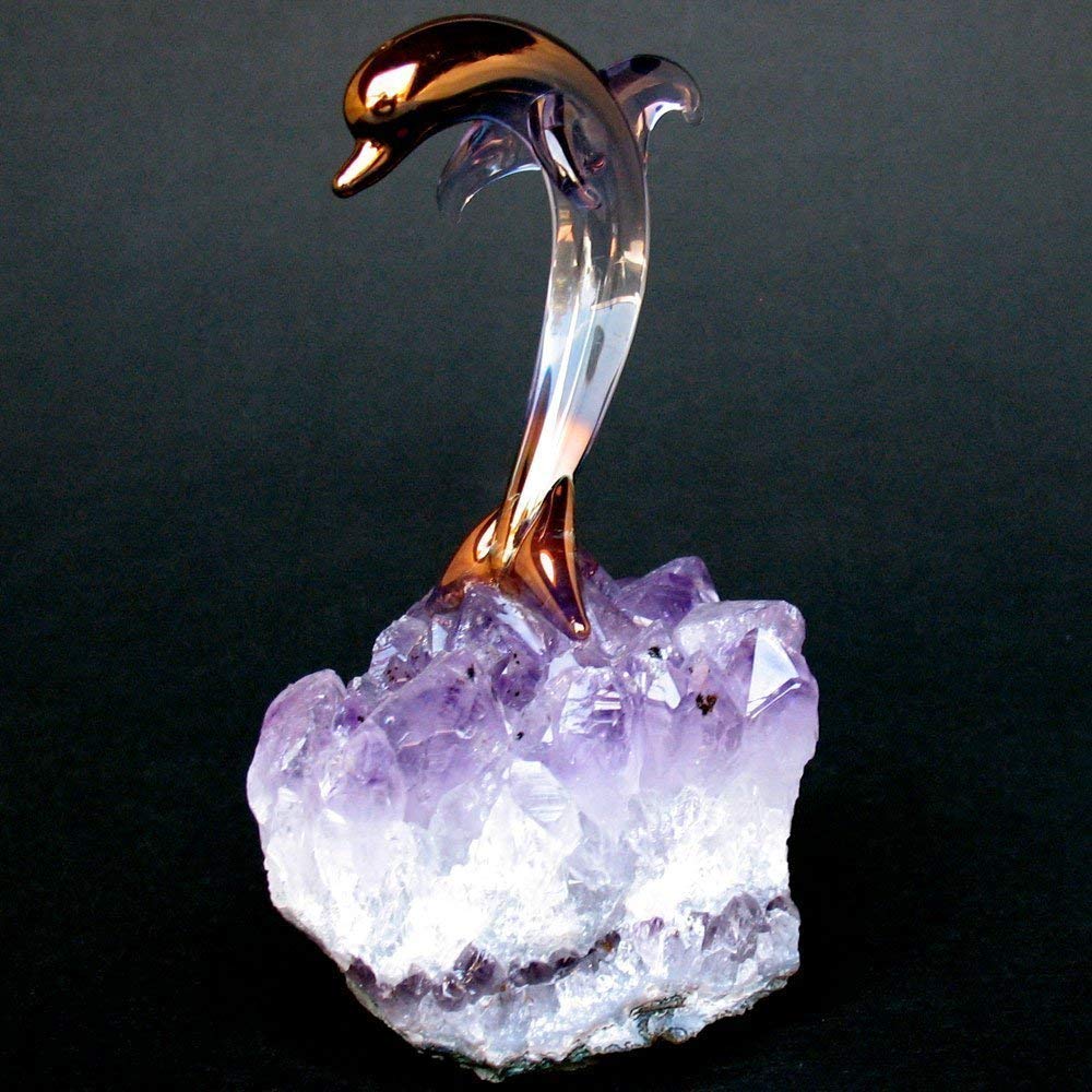 Hand Blown Glass Dolphin Figurine on Amethyst Crystal Base - Elegant Home Decor, Office Desk Ornament & Unique Gift for Ocean Lovers