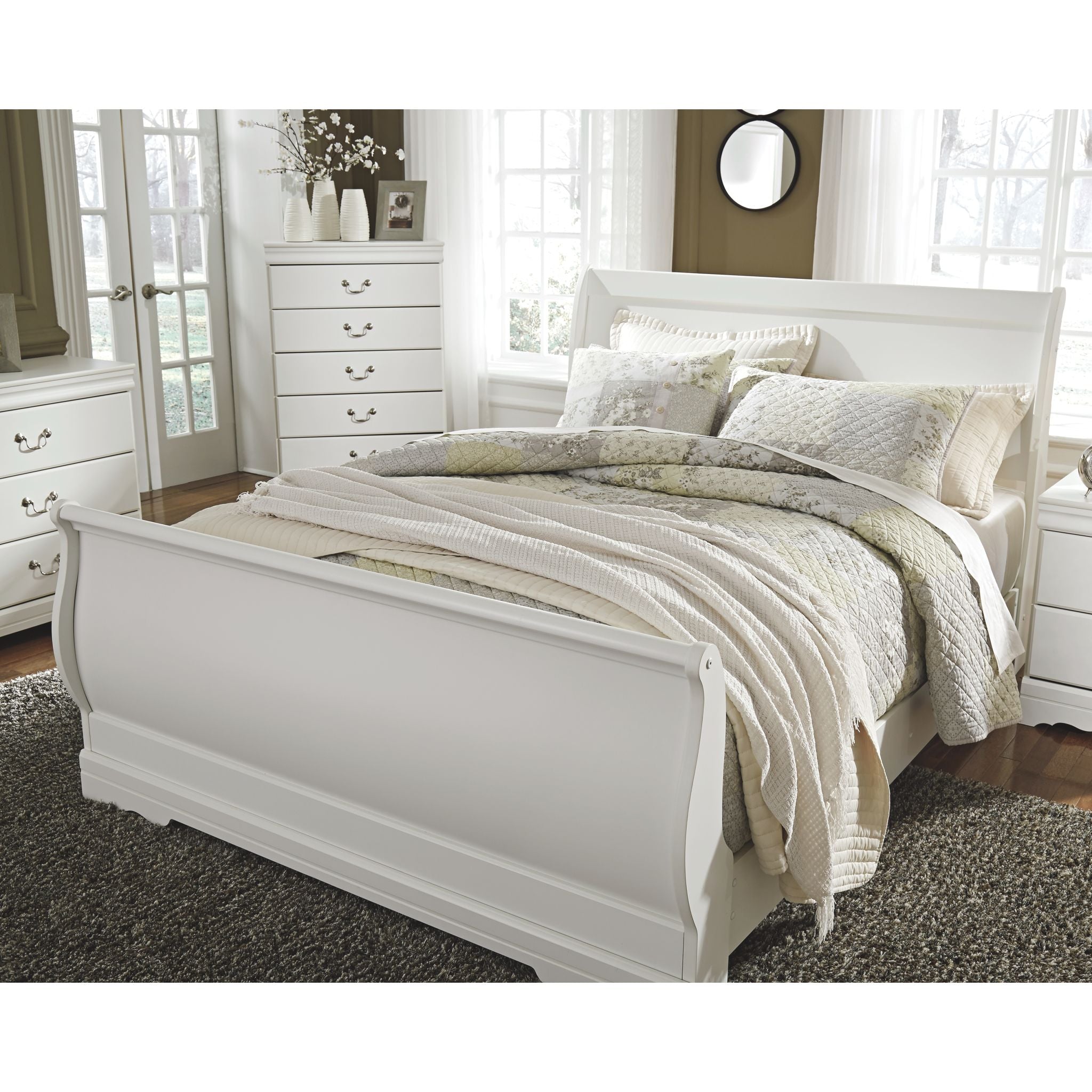 Anarasia Queen Sleigh Bed Frame - White Wooden Headboard & Footboard - Elegant Bedroom Furniture for Master Bedroom Decor