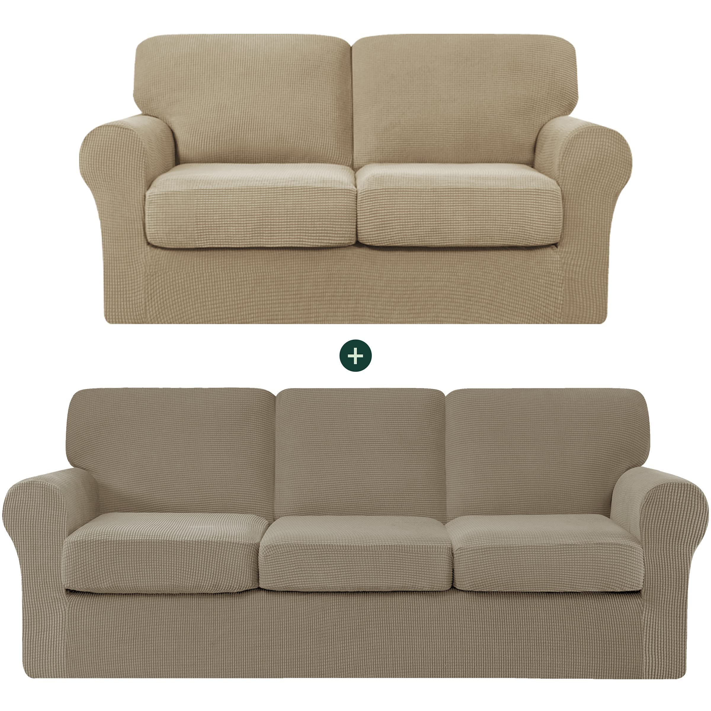 CHUN YI Loveseat Sofa Cover Set - Stretchable Jacquard Fabric Couch Slipcover with Detachable Backrest & Seat Cushions (Sand Checkered) - Perfect for Living Room, Bedroom, and Home Decor Protection
