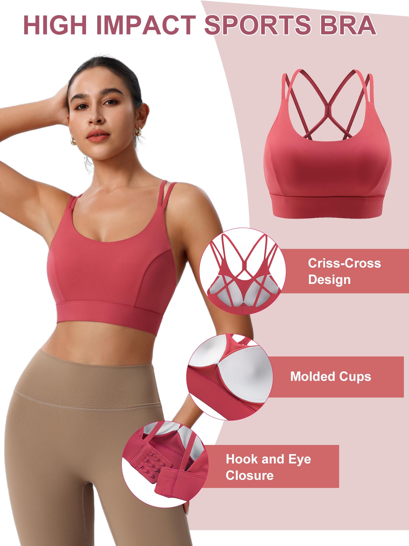 High Impact Sports Bras for Women - Maximum Support, Strappy Back Design, Molded Cups & Hook-Eye Closure - Perfect for Running, Gym Workouts & High-Intensity Training