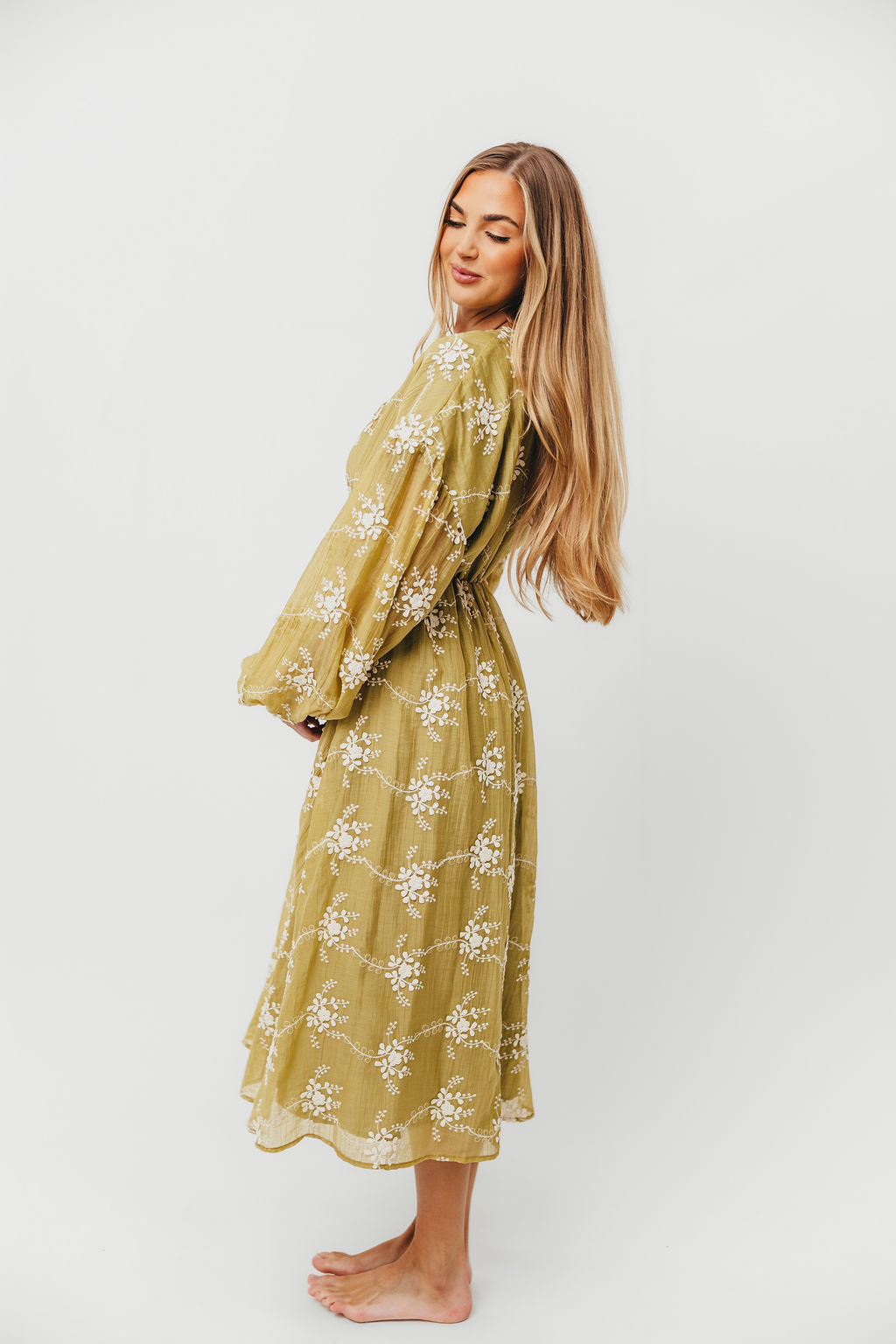 Rossi Women's Embroidery Long Sleeve Midi Dress - Floral Lace Boho Style Moss Green Dress for Fall/Winter, Perfect for Weddings, Parties & Office Wear