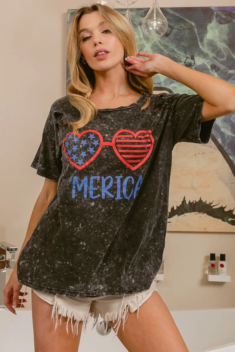 BiBi 4th of July Patriotic Women's Distressed Laser Cut Top - Perfect for Independence Day Parties, BBQ Gatherings & Summer Festivals
