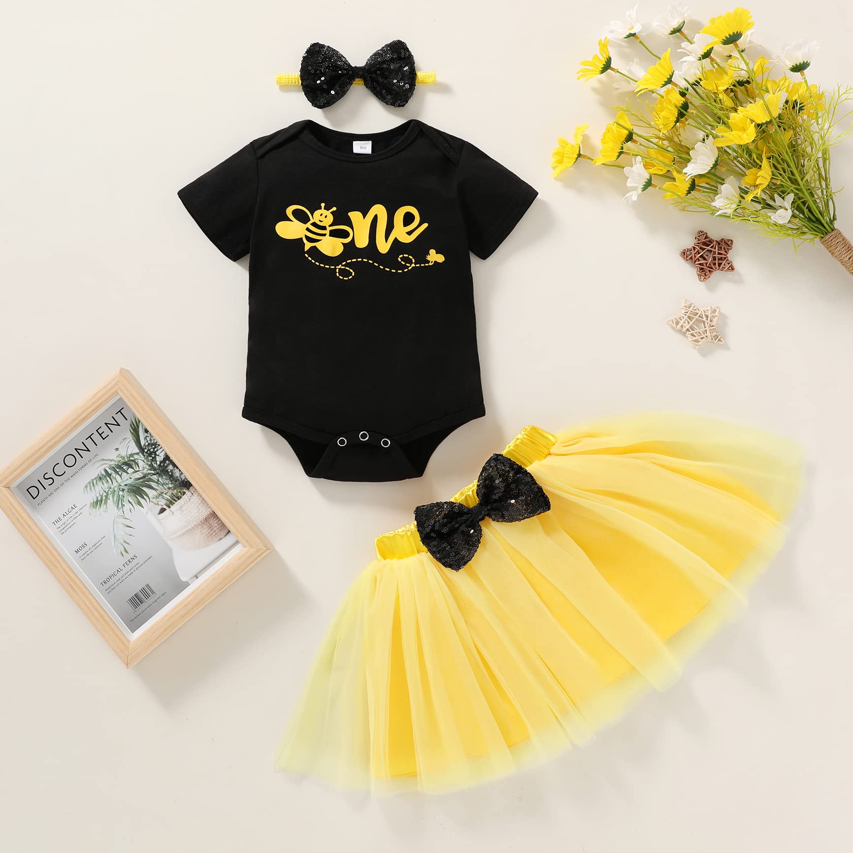 HappyBee Baby Girls' 1st Birthday Outfit - Sunflower Bee Romper with Tulle Tutu Skirt & Sequin Bow - Adorable Party Dress Set for Photoshoots, Birthday Celebrations & Special Occasions
