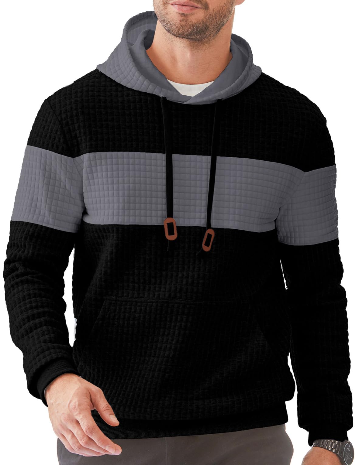 Men's Casual Hooded Waffle Knit Sweatshirt with Drawstring & Pockets | Color Block Long Sleeve Pullover for Streetwear & Loungewear