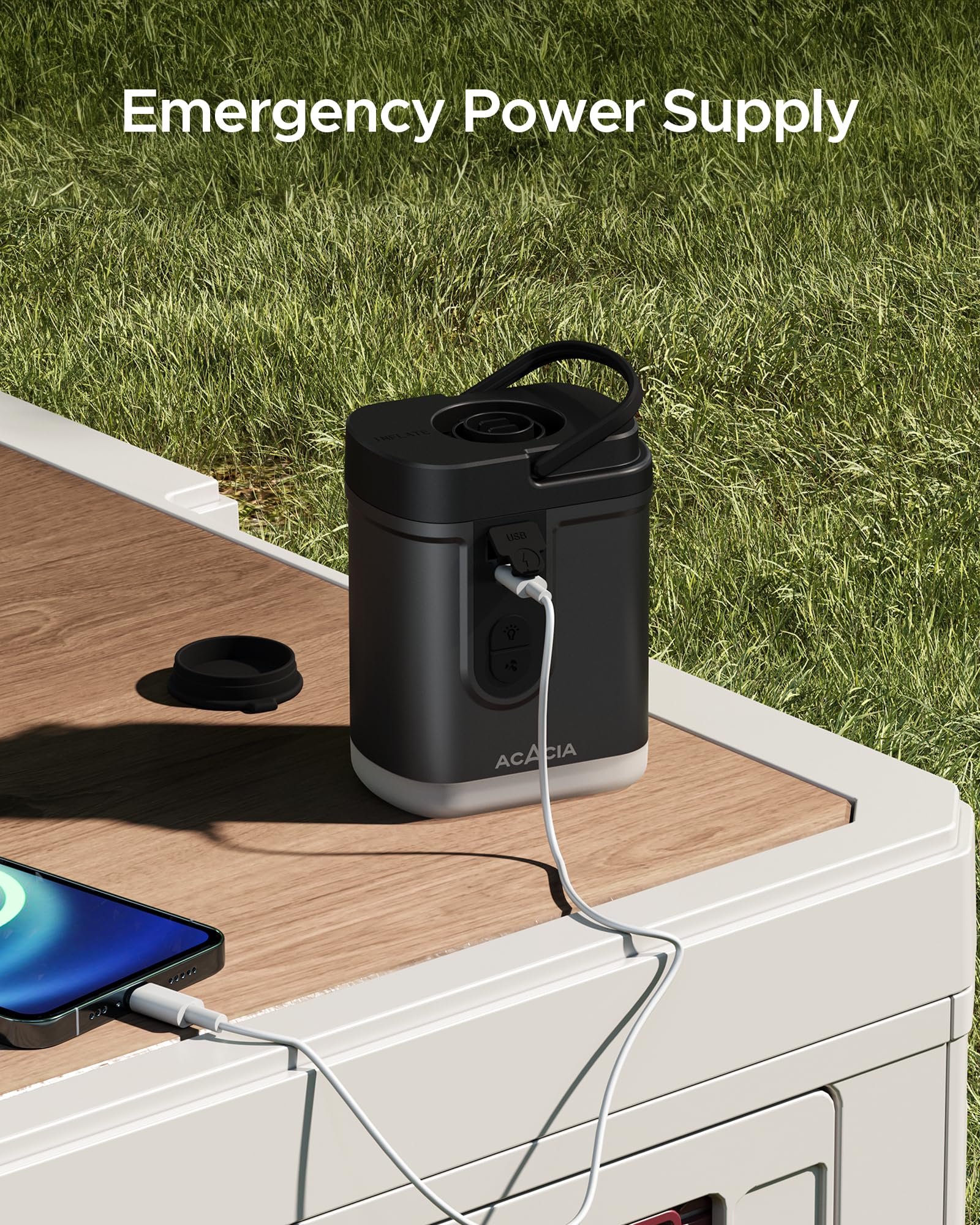ACACIA Portable Electric Air Pump for Sleeping Pads & Air Mattresses - 4000mAh Rechargeable Battery, Built-in Camping Light with 5 Nozzles (4.8kPa) - Perfect for Camping, Hiking, Pool Floats, Inflatable Beds & Outdoor Adventures