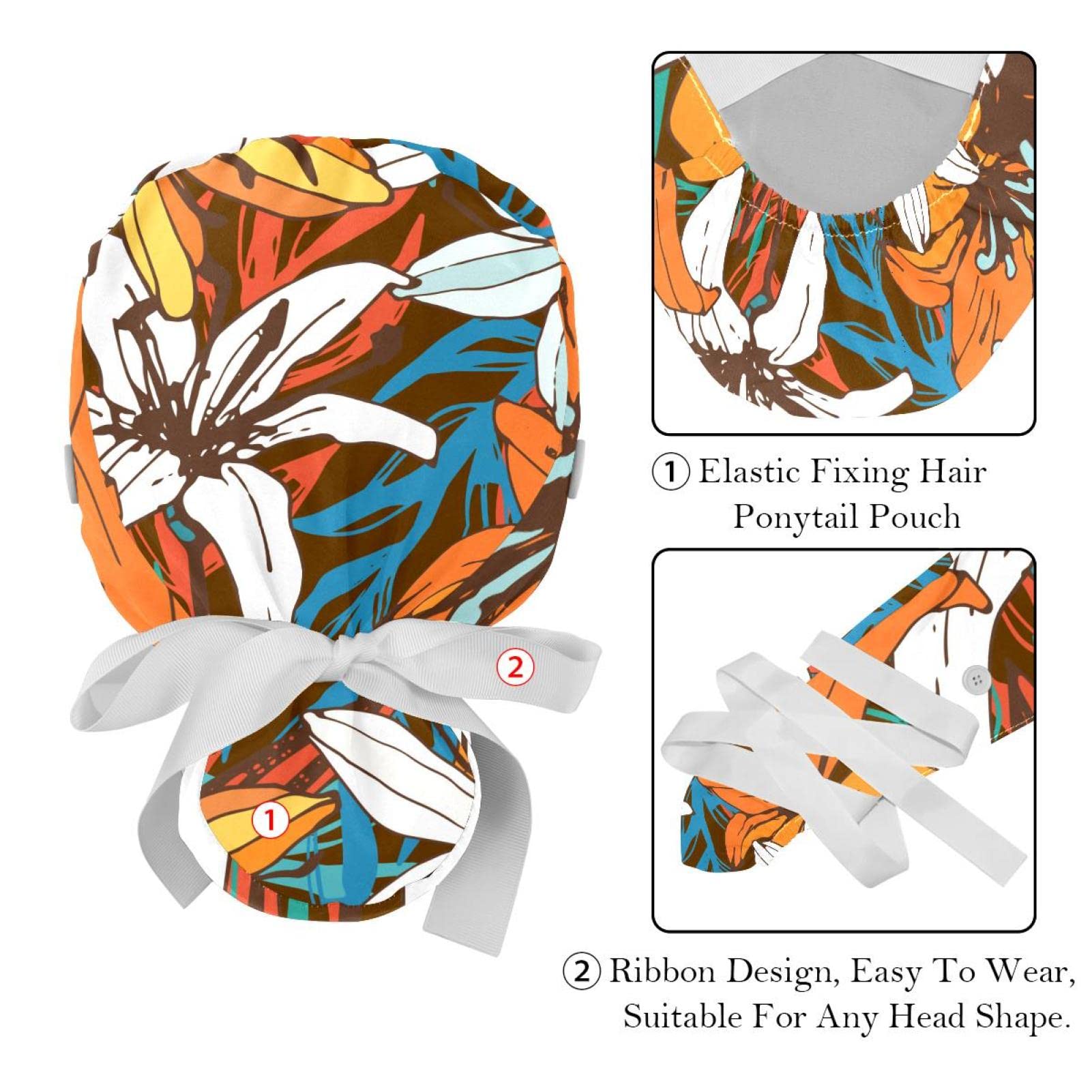 Black & White Floral Print Scrub Hats for Women & Men - 2 Pack Long Hair Surgical Caps with Button Closure & Sweatband - Unisex Tie Back Nurse Doctor Chef Hair Cover for Hospital, Kitchen & Salon Use