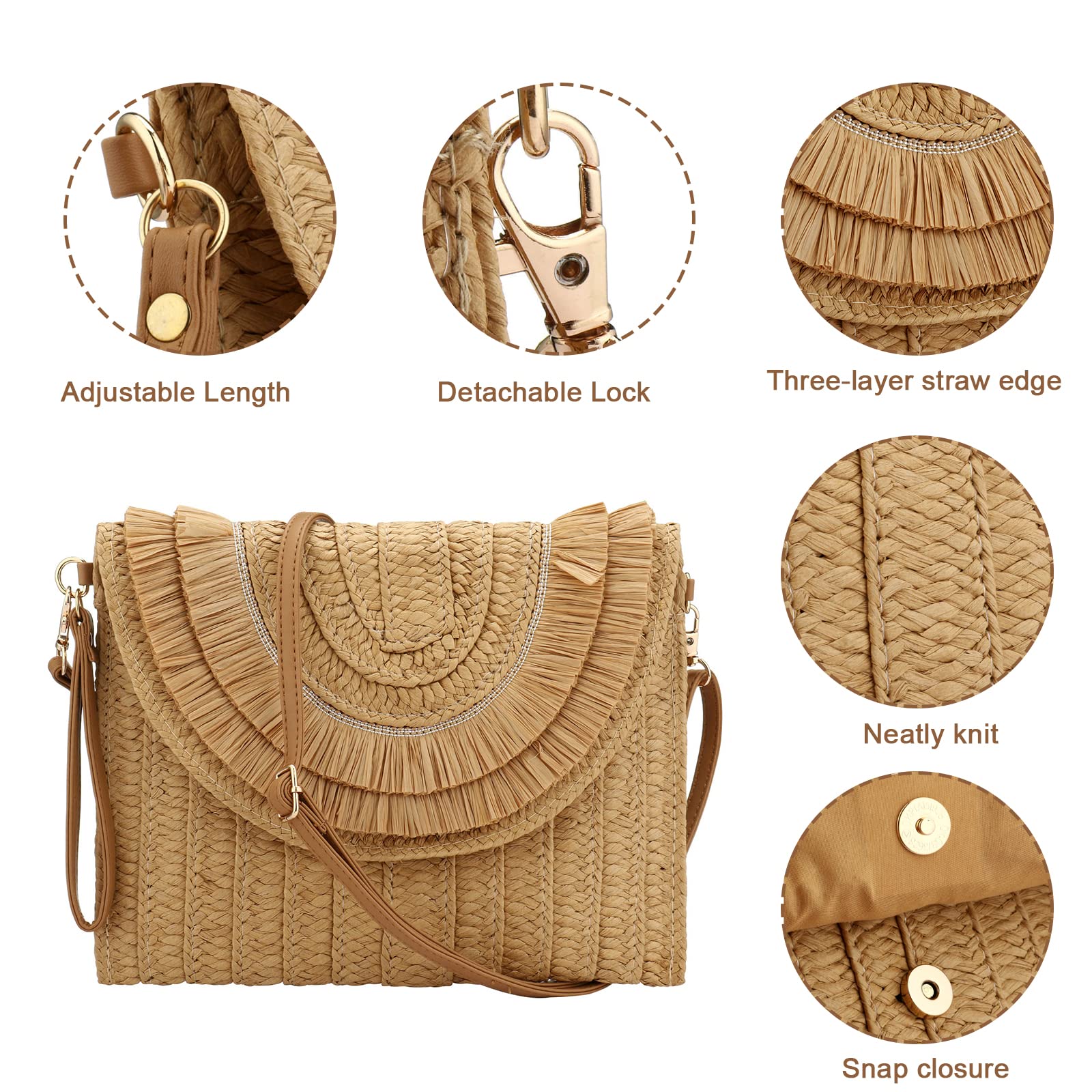 Women's Straw Clutch Purse - Summer Beach Envelope Handbag with Crossbody Strap | Eco-Friendly Woven Wallet for Vacation, Wedding, and Outdoor Events