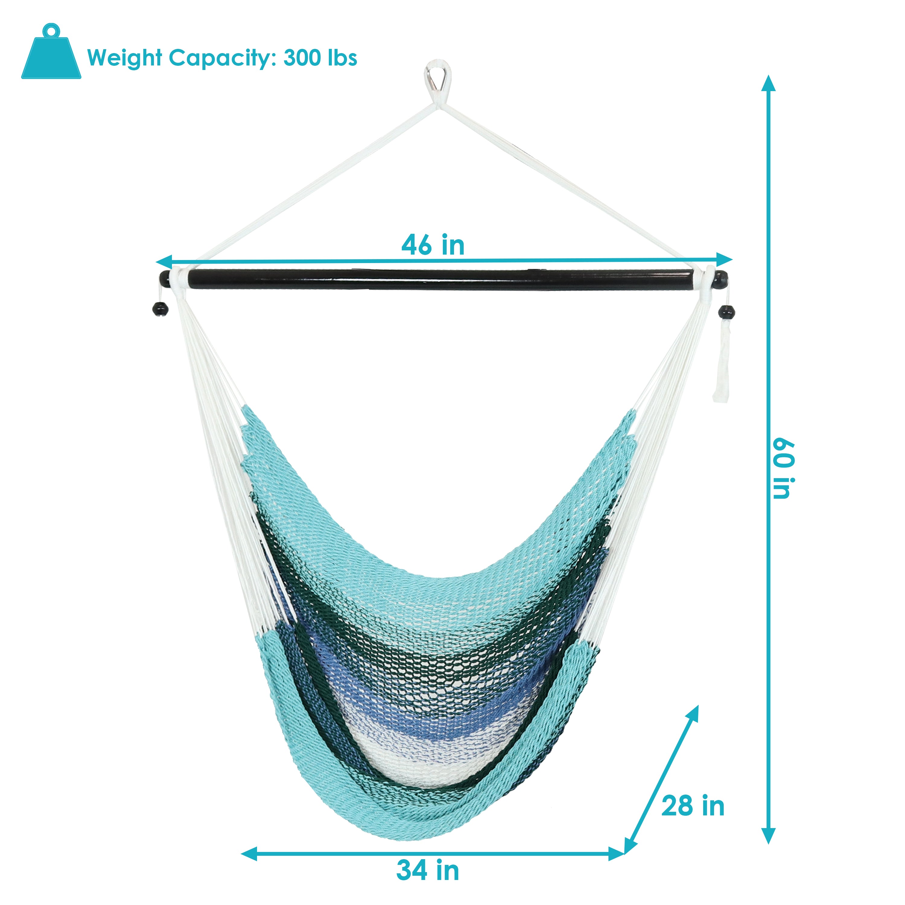 Sunnydaze Polyester Caribbean Hanging Hammock Chair - Lagoon Stripes Design for Indoor & Outdoor Relaxation - Perfect for Patio, Garden, Backyard, and Poolside Use