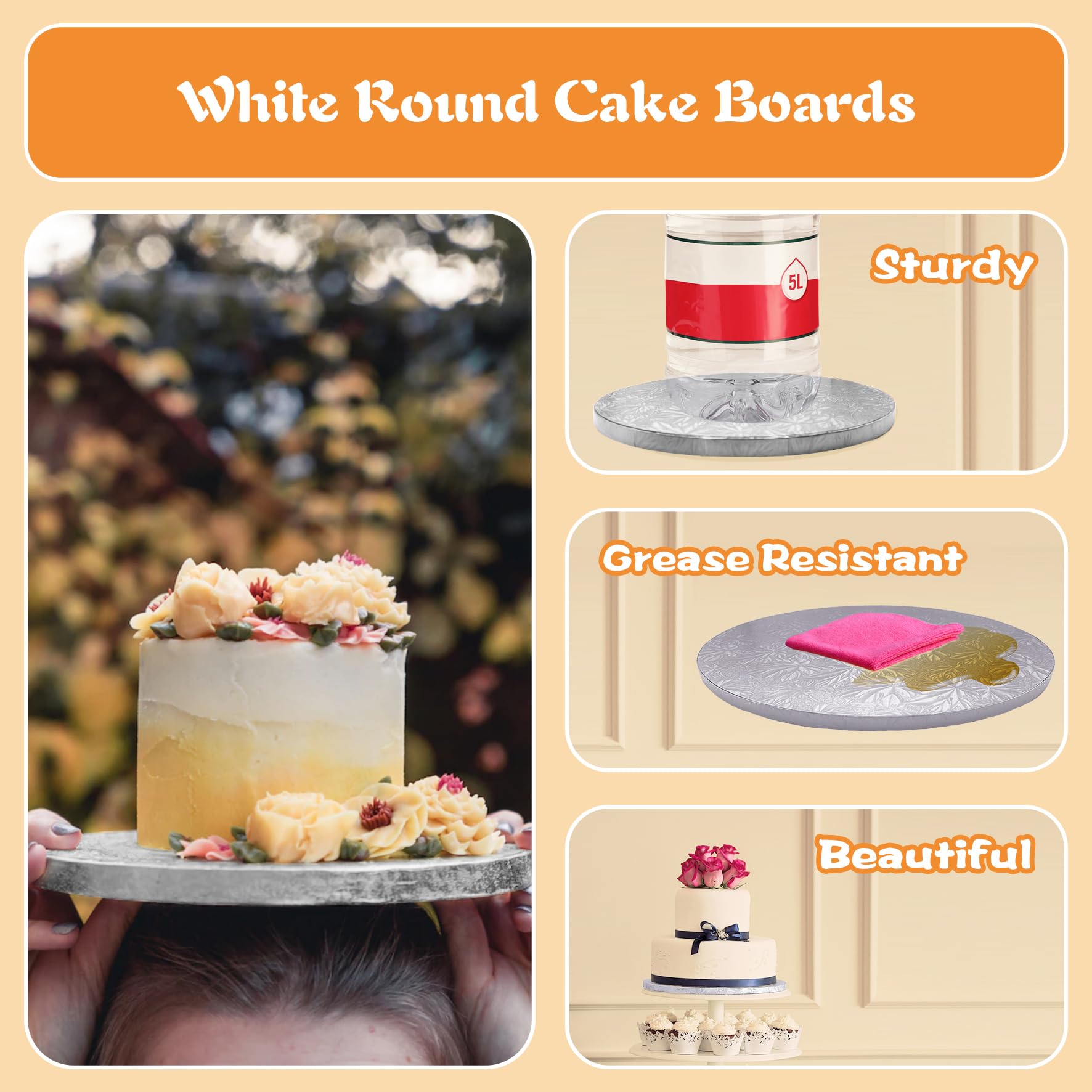 14 Inch Round Silver Cake Drums (4-Pack) - 1/2 Inch Thick Greaseproof Cake Boards with Banner Topper for Multi-Tiered Wedding, Birthday & Anniversary Cakes - Perfect for Professional Baking & Cake Decorating