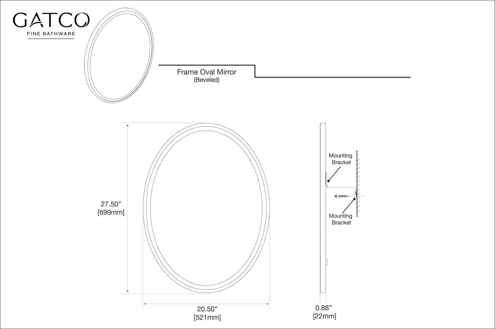 Gatco 1830 Modern Oval Bathroom Wall Mirror 28x21 Inch - Slim Beveled Framed Vanity Mirror in Satin Nickel for Bathroom, Living Room & Bedroom - Easy Mount Safety Bracket - Perfect for Home Decor & Makeup Area