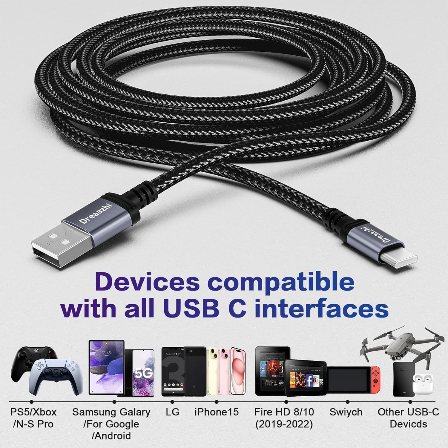 Dreaazhi 10ft USB C Fast Charging Cable 3.1A Braided Nylon Cord - Compatible with iPhone 15, Samsung Galaxy S10/S9/S8 Plus, Note 10/9/8, PS5 Controller, LG V30/V20/G6/G5, Moto & More - Perfect for Gaming, Travel & Home Charging