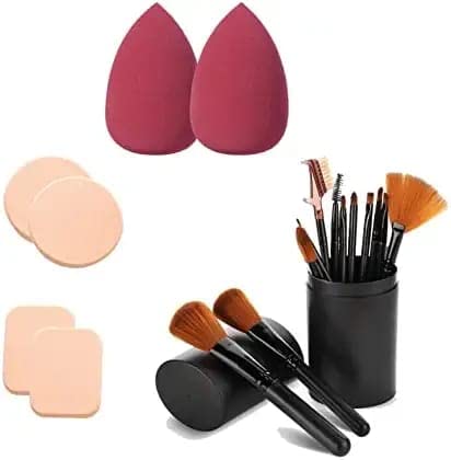 AIR BEAUTY Professional 12-Piece Makeup Brush Set - Foundation, Eyeshadow, Eyebrow, Eyeliner, Blush, Concealer & Contour Brushes with 6-in-1 Puff - Perfect for Everyday Makeup, Travel & Professional Use (Black)