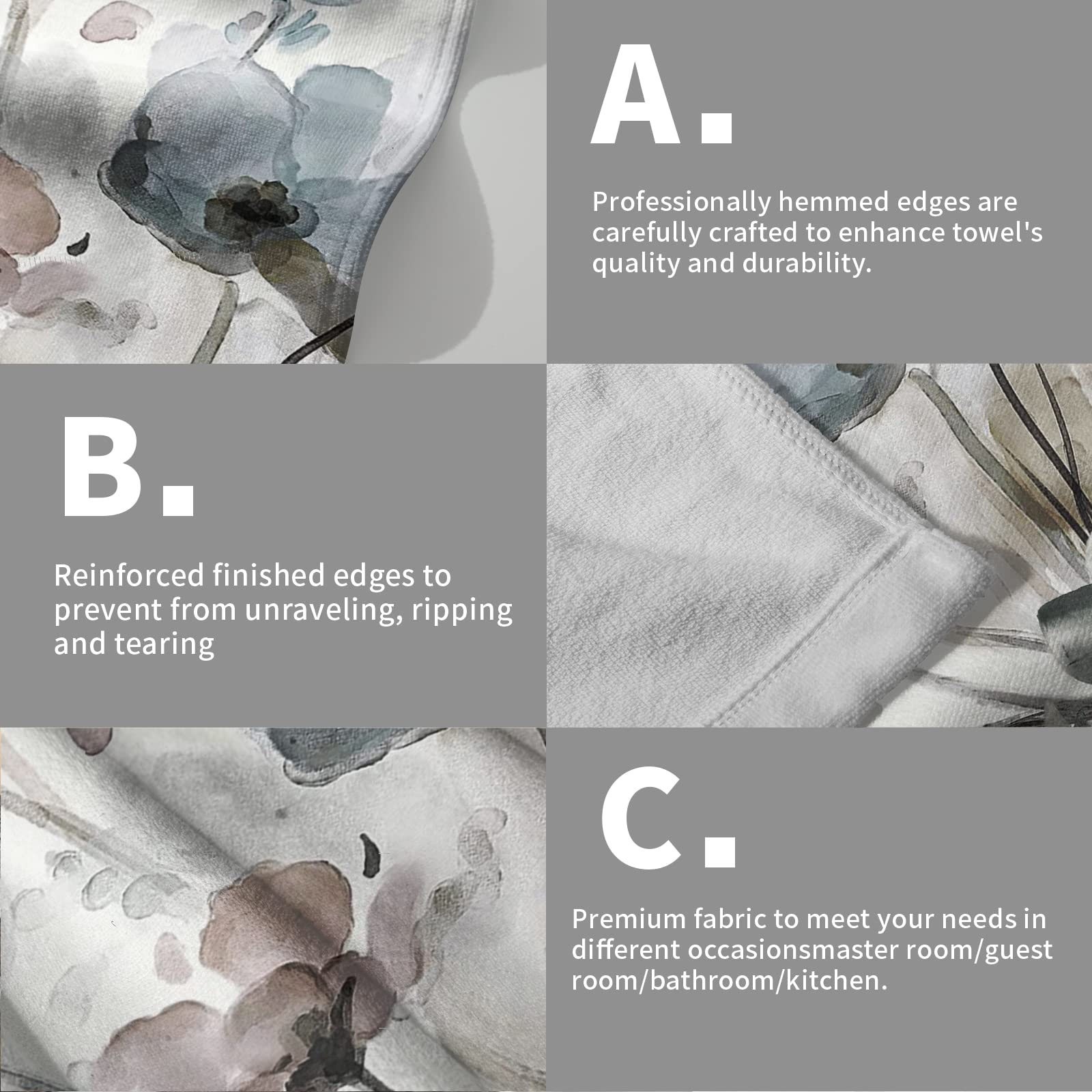 Boho Floral Hand Towels Set of 2 - Soft Grey Botanical Guest Face Towels for Bathroom Decor & Kitchen Dish Drying | Perfect for Spa, Guest Bath, and Tea Time