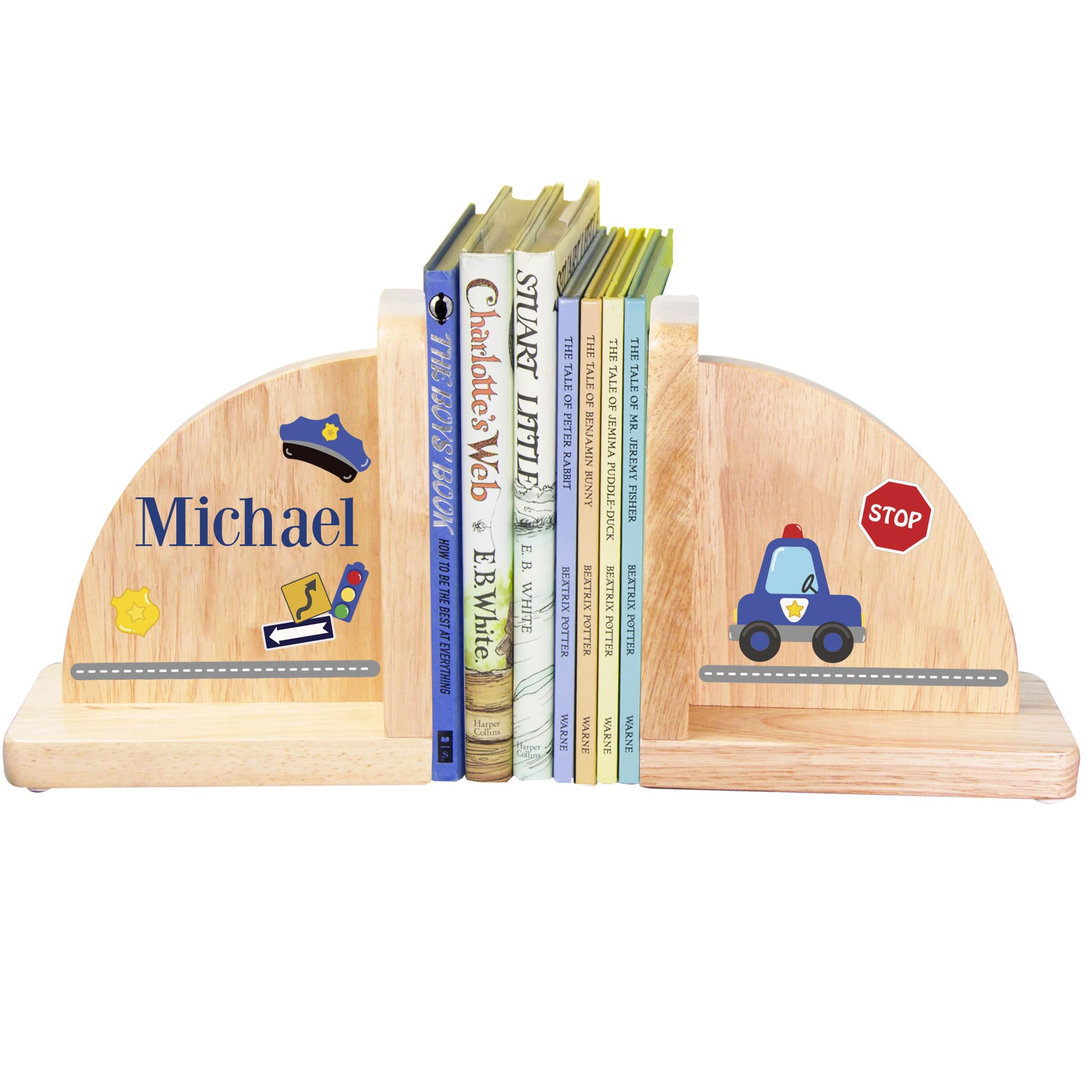 Personalized Police Car Wooden Bookends for Kids - Handmade Natural Wood Book Holders - Perfect for Children's Room, Office Desk & Bookshelf Decor