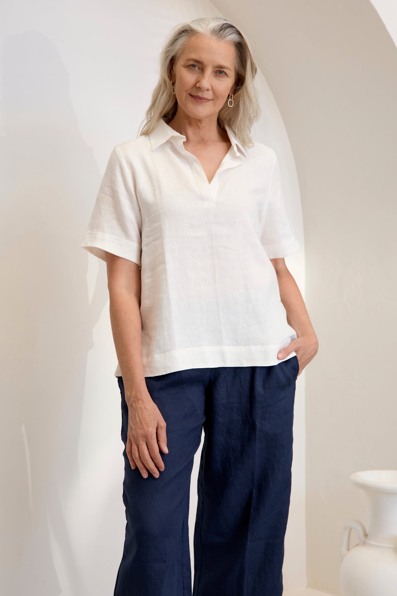 Premium Tana Linen Women's Blouse in Warm White - Breathable Summer Top for Casual Outings & Beach Vacations