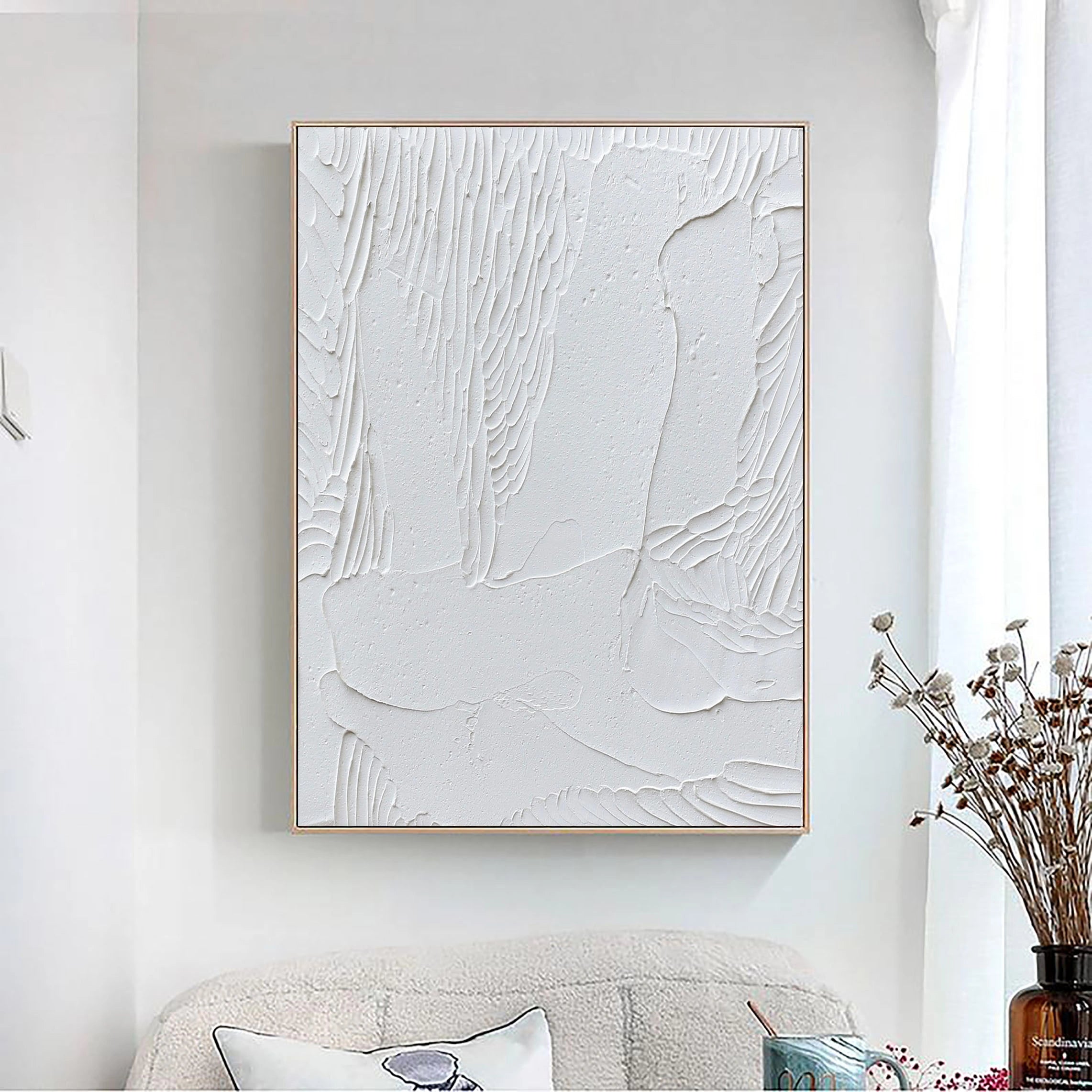 White Minimalist Textured Painting Canvas Wall Art - Modern Abstract Vertical Decor for Living Room, Bedroom & Office #MM011