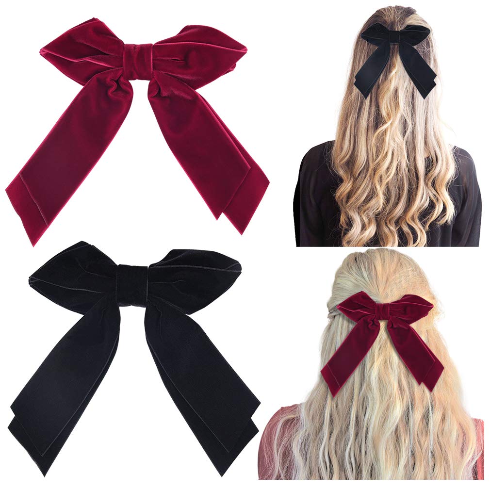 DEEKA 2 Pack 6 Inch Large Velvet Hair Bows Clips for Women & Girls - Black & Red Hair Accessories | Perfect for Parties, Weddings & Everyday Style