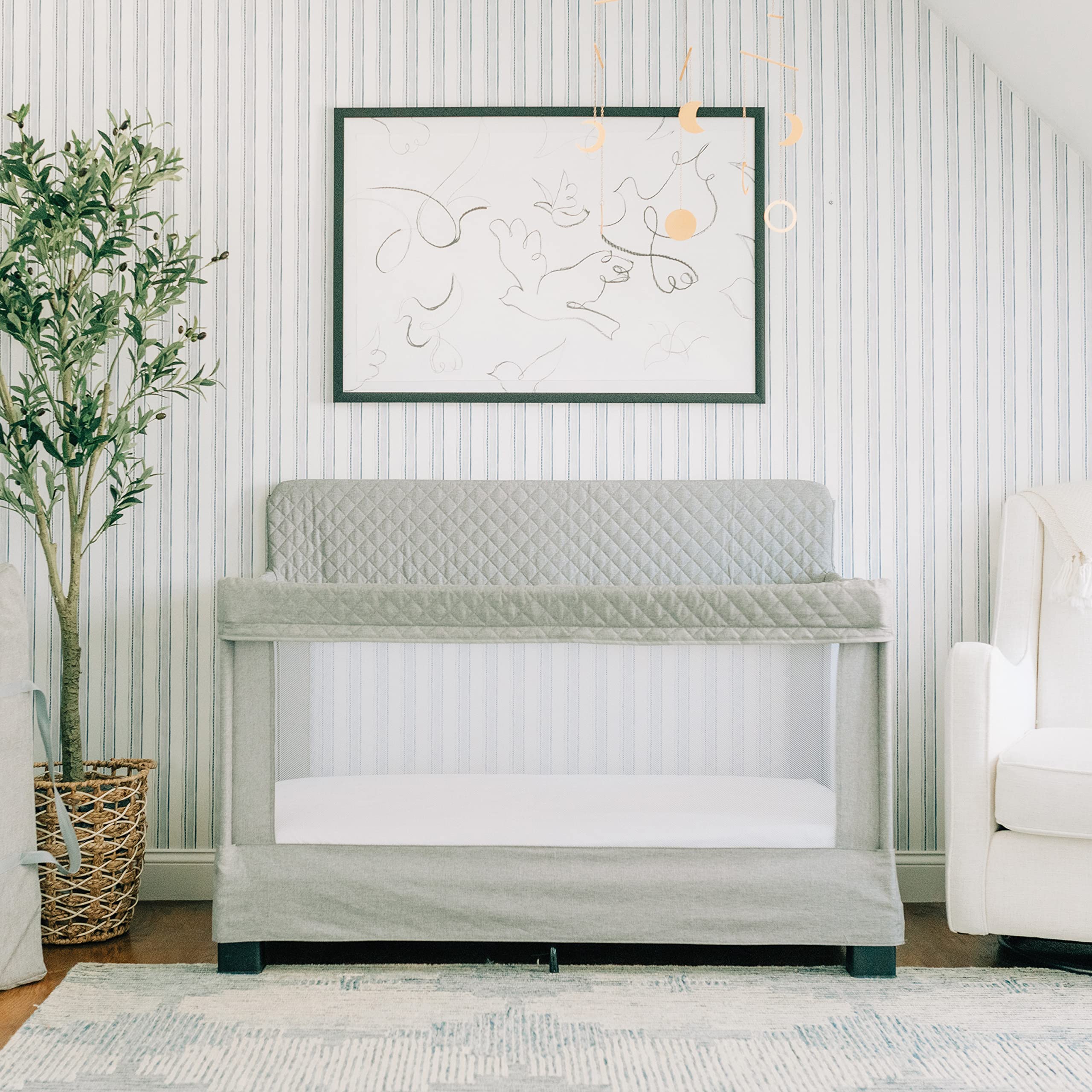 Baby Delight Horizon Full Size Crib with Breathable Mesh Walls - Tool-Free Assembly, Luxe Quilted Easy-Clean Fabric in Grey | Safe Nursery Bed for Newborns & Toddlers | Perfect for Daycare, Home Nursery & Travel