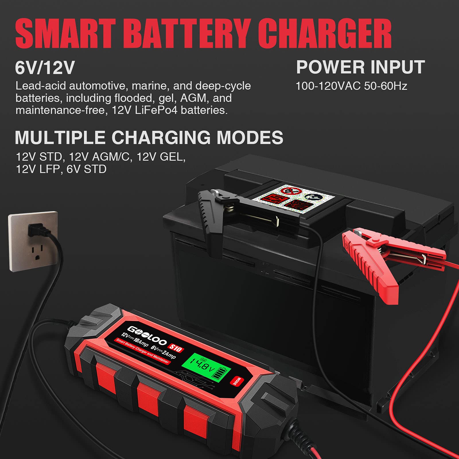 GOOLOO 10-Amp 6V/12V Smart Car Battery Charger & Maintainer - Automatic Trickle Charger with Desulfation for Lead-Acid Batteries - Ideal for Cars, Trucks, Motorcycles & Seasonal Vehicles (Model S10)