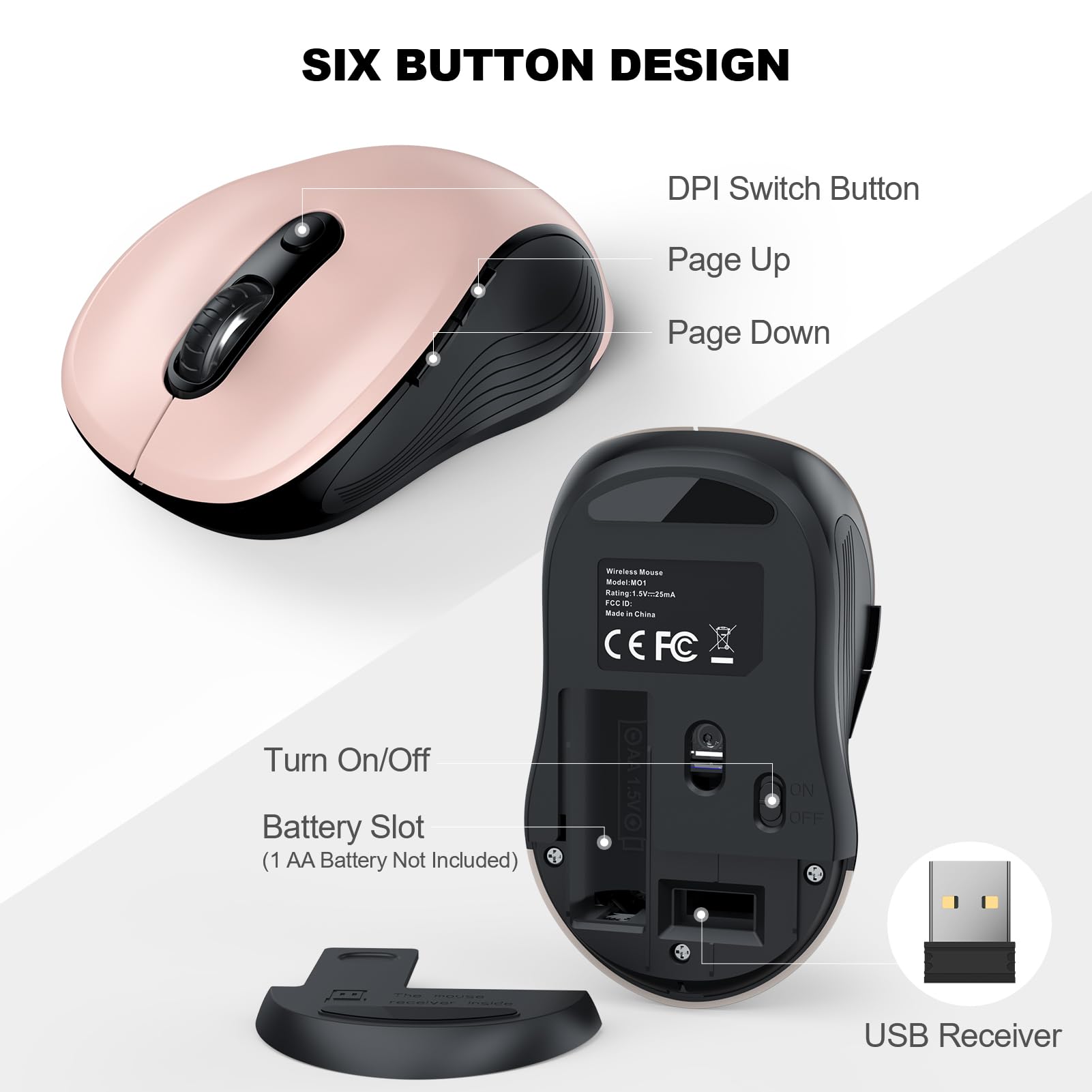 WisFox 2.4G Wireless Ergonomic Mouse for Laptop & PC - 6 Button Cordless Mouse with USB Receiver, 3 Adjustable DPI Levels - Compatible with Windows Mac Notebook - Perfect for Office Work, Gaming & Travel (Pink)