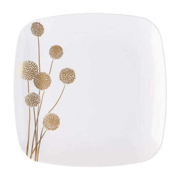 10-Pack White & Gold Square Plastic Plates - Elegant Dandelion Design for Parties, Picnics, and Home Decor