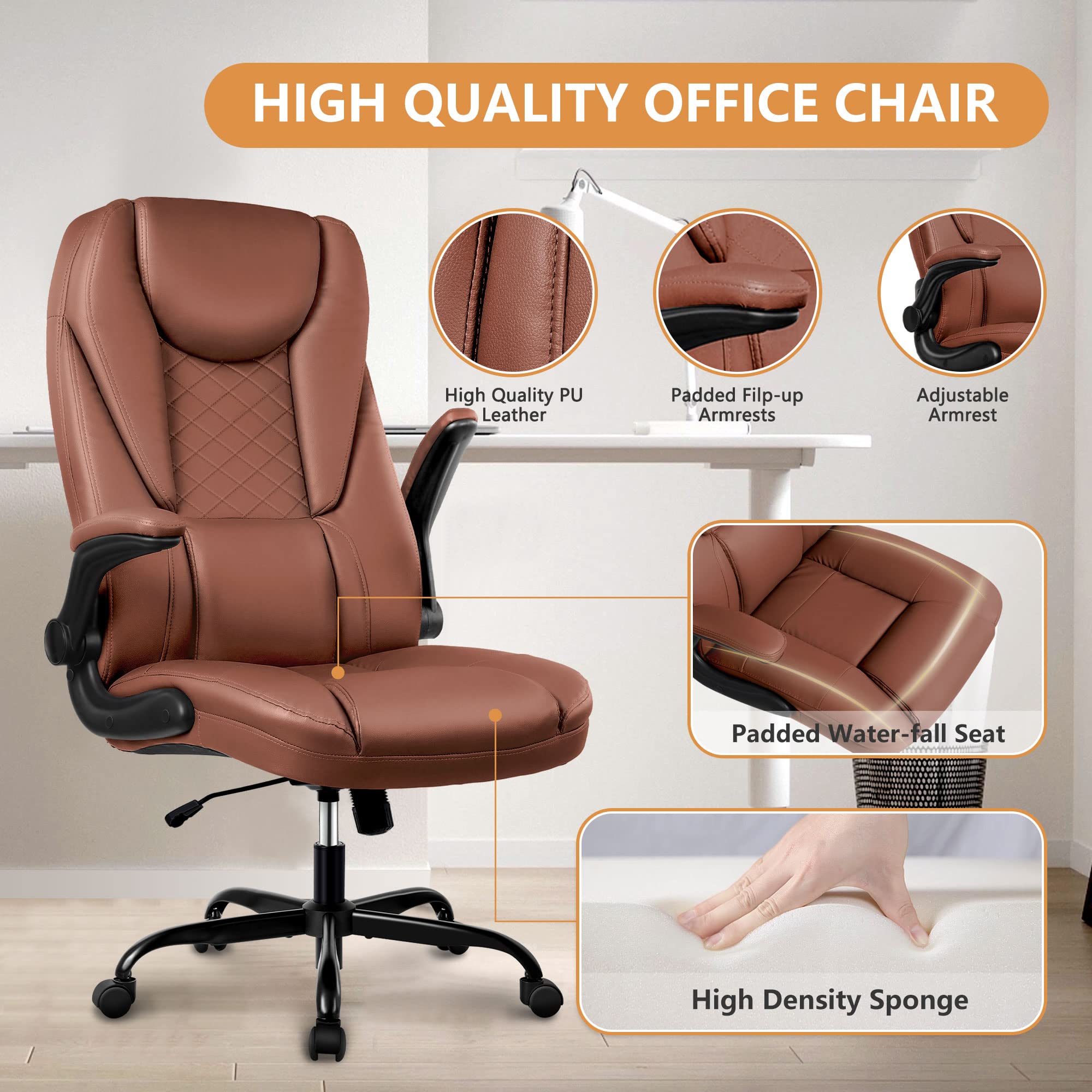 Premium Executive Office Chair - Big and Tall Leather Desk Chair with Flip-Up Arms, High Back & Lumbar Support (Brown) - Ergonomic Comfort for Long Work Hours, Home Office & Conference Rooms
