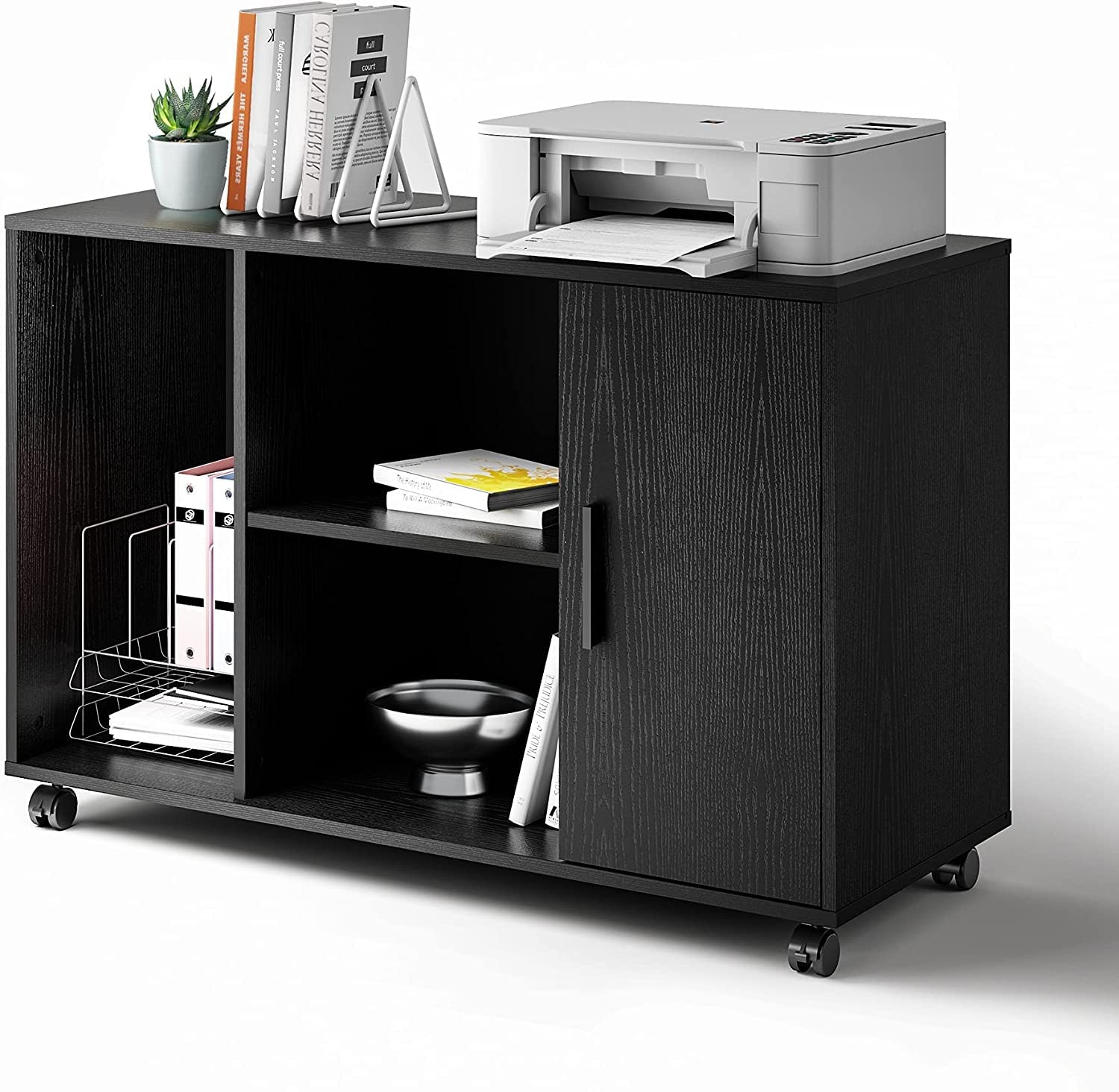 Large Wood File Cabinet with Adjustable Shelves & Lockable Wheels - Rolling Storage Cabinet for Home Office, Printer Stand - Perfect for Organizing Documents, Office Supplies & Home Workspace (Black)