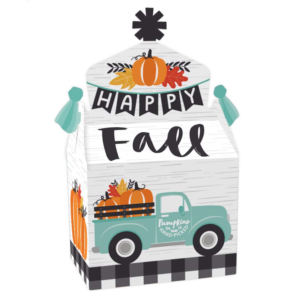 Happy Fall Truck Treat Box Party Favors - Set of 12 Harvest Pumpkin Goodie Gable Boxes for Autumn Parties, Thanksgiving Decor & Halloween Treat Bags