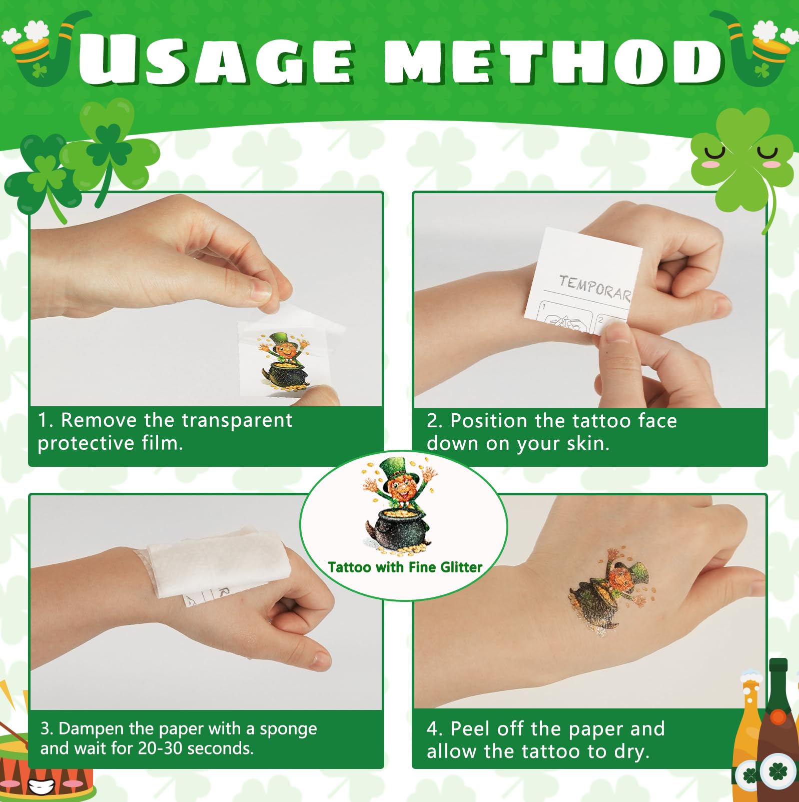 48Pcs St Patrick's Day Temporary Tattoos & Stickers - Shamrock, Green Glitter Face Tattoos for Irish Party Decorations - Perfect for St Patrick's Day Celebrations, Parades, and Irish-Themed Events