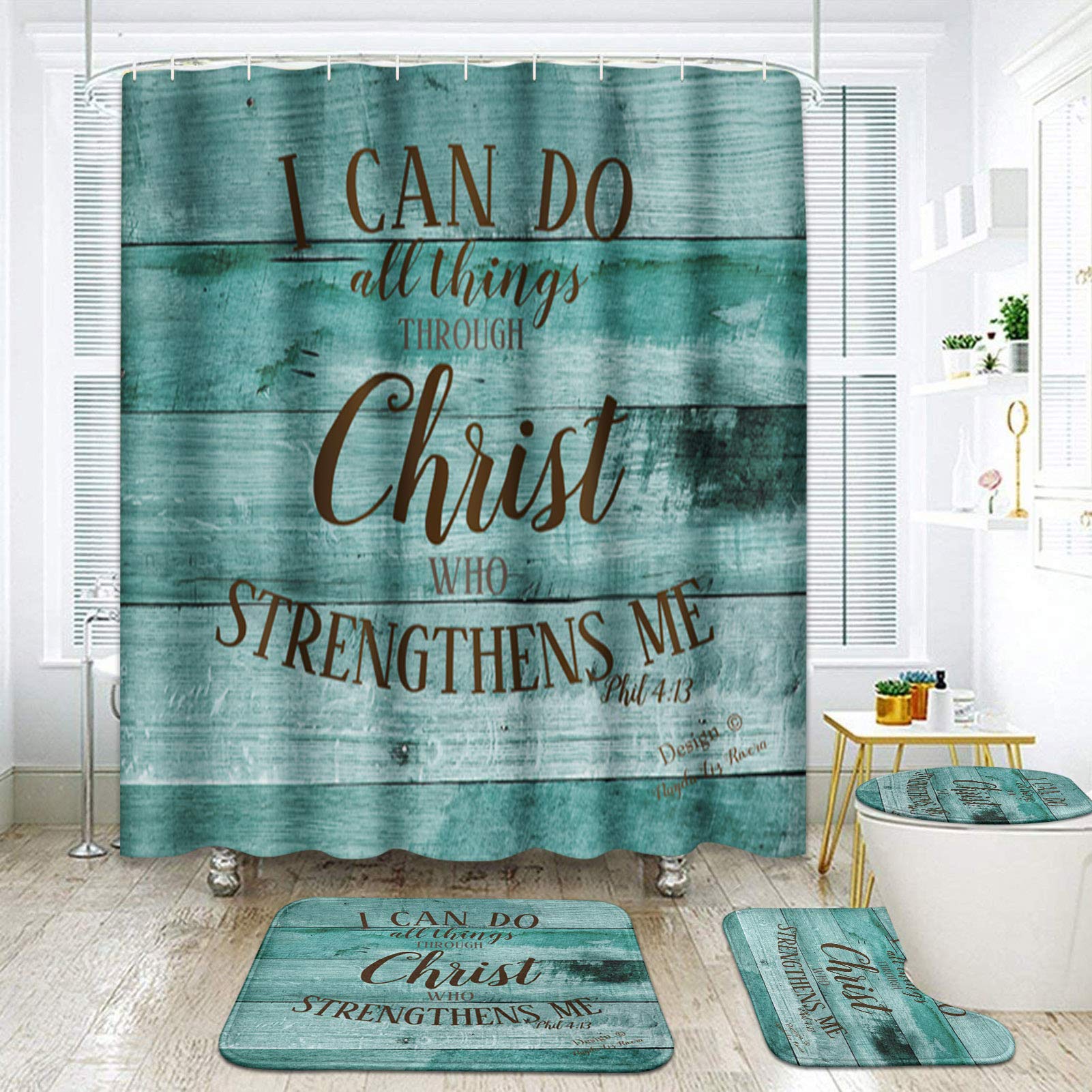 ArtSocket Rustic Wooden Pattern Green Shower Curtain Set - Vintage Retro Bathroom Decor with Matching Rugs (4-Piece) for Cozy Farmhouse or Boho Style Bathrooms