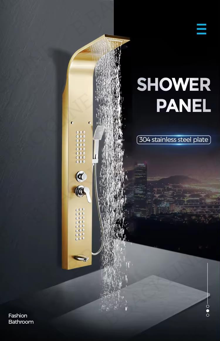 Stainless Steel Shower Panel Set - Dual Flow Overhead Waterfall & Handheld Shower - Wall Mount Bathroom Fixture in Gold Glossy Finish | Perfect for Modern Bathroom Renovation & Spa-Like Shower Experience