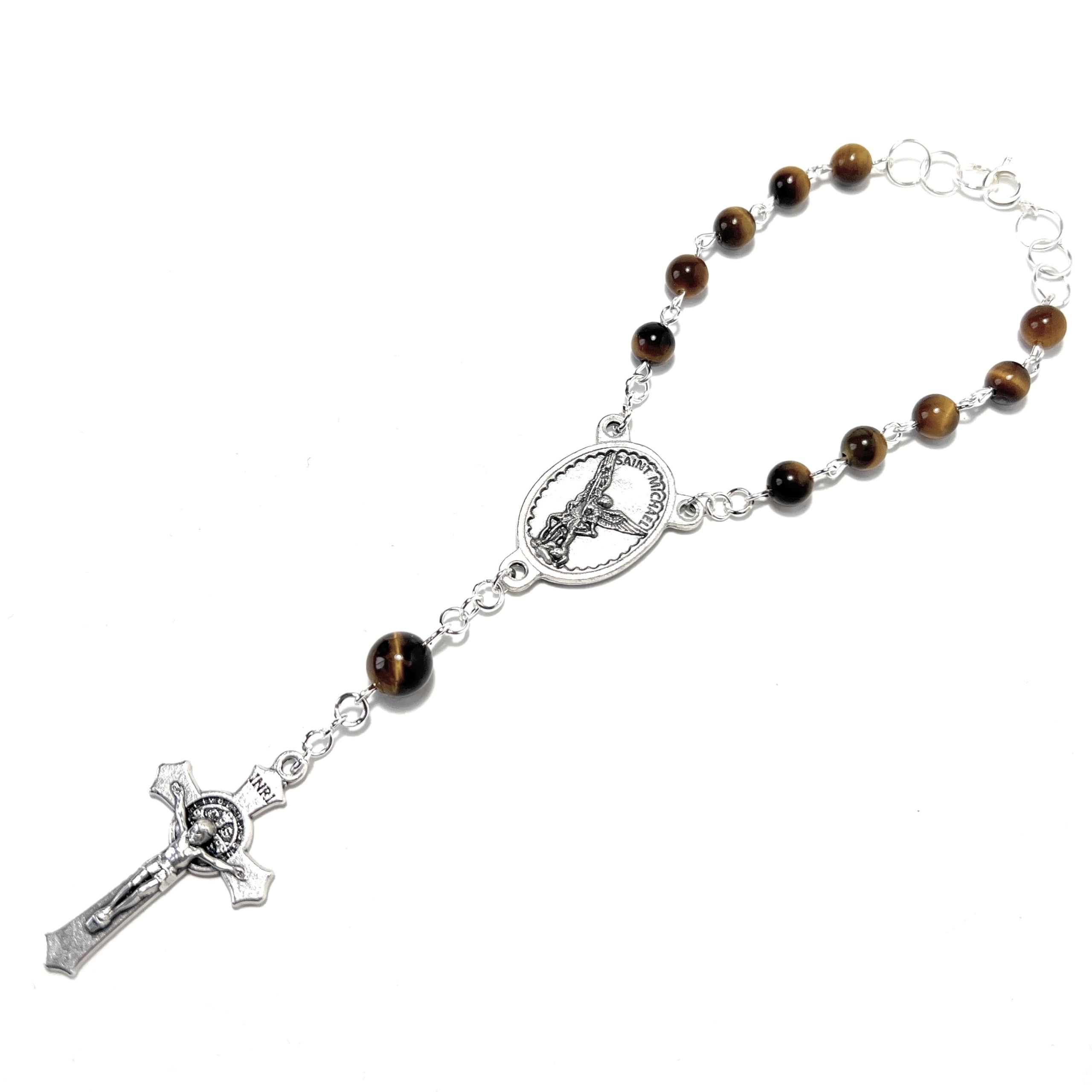 St. Michael the Archangel 1-Decade Car Rosary with Yellow/Brown Tiger Eye Beads - Rearview Mirror Prayer Beads for Safe Driving & Spiritual Protection