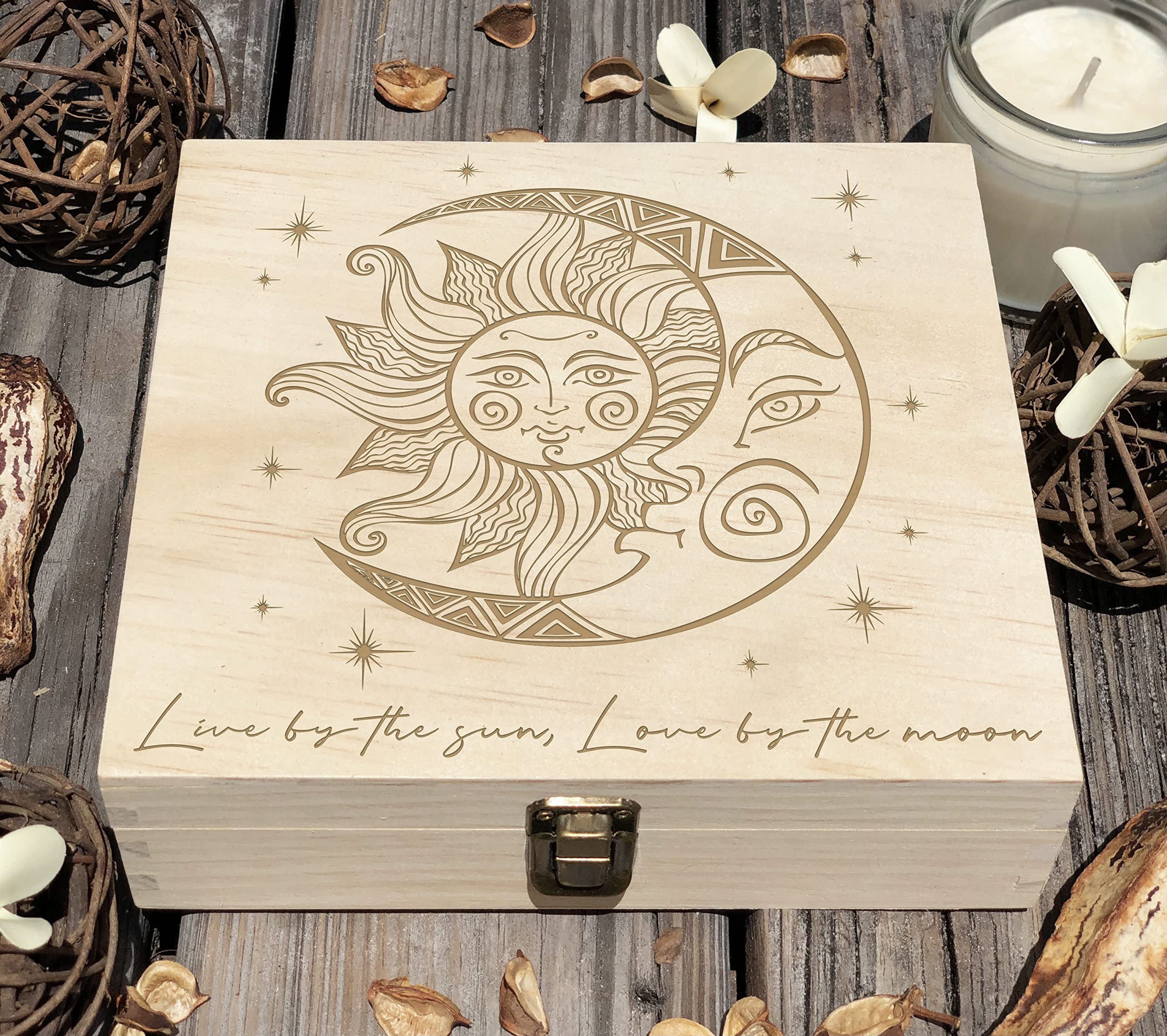 Engraved Wooden Moon Box - 8.5x8x2.5 Inch Crescent Moon Keepsake Chest with Crystal Accents for Tarot Cards, Witchcraft Supplies & Astrology Gifts | Perfect for Spiritual Rituals, Jewelry Storage & Mystical Decor
