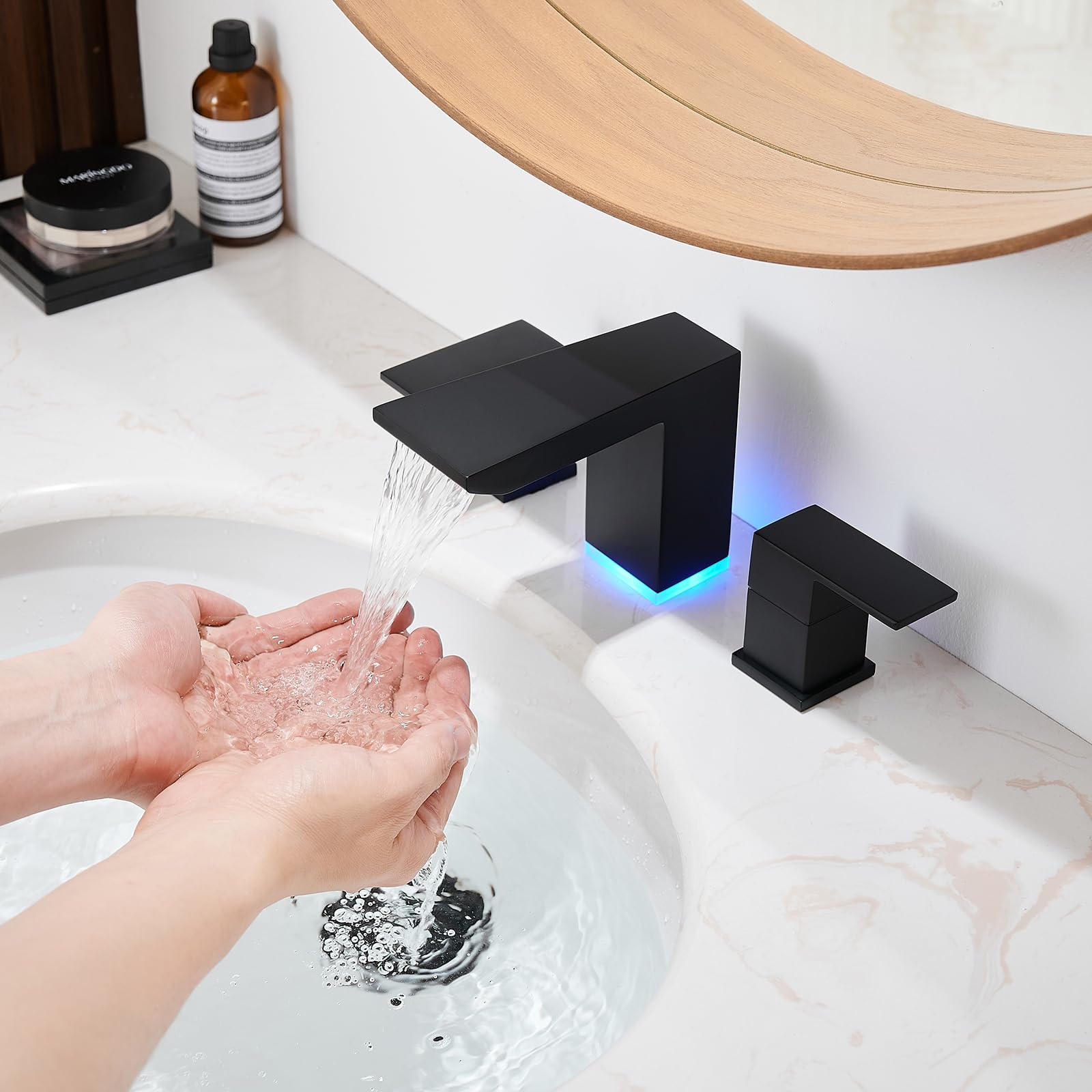 BESy LED 3-Hole Bathroom Sink Faucet - Modern Waterfall Bathroom Faucet with Motion Sensor for Vanity, Powder Room & Guest Bath | Energy Efficient & Touchless Design