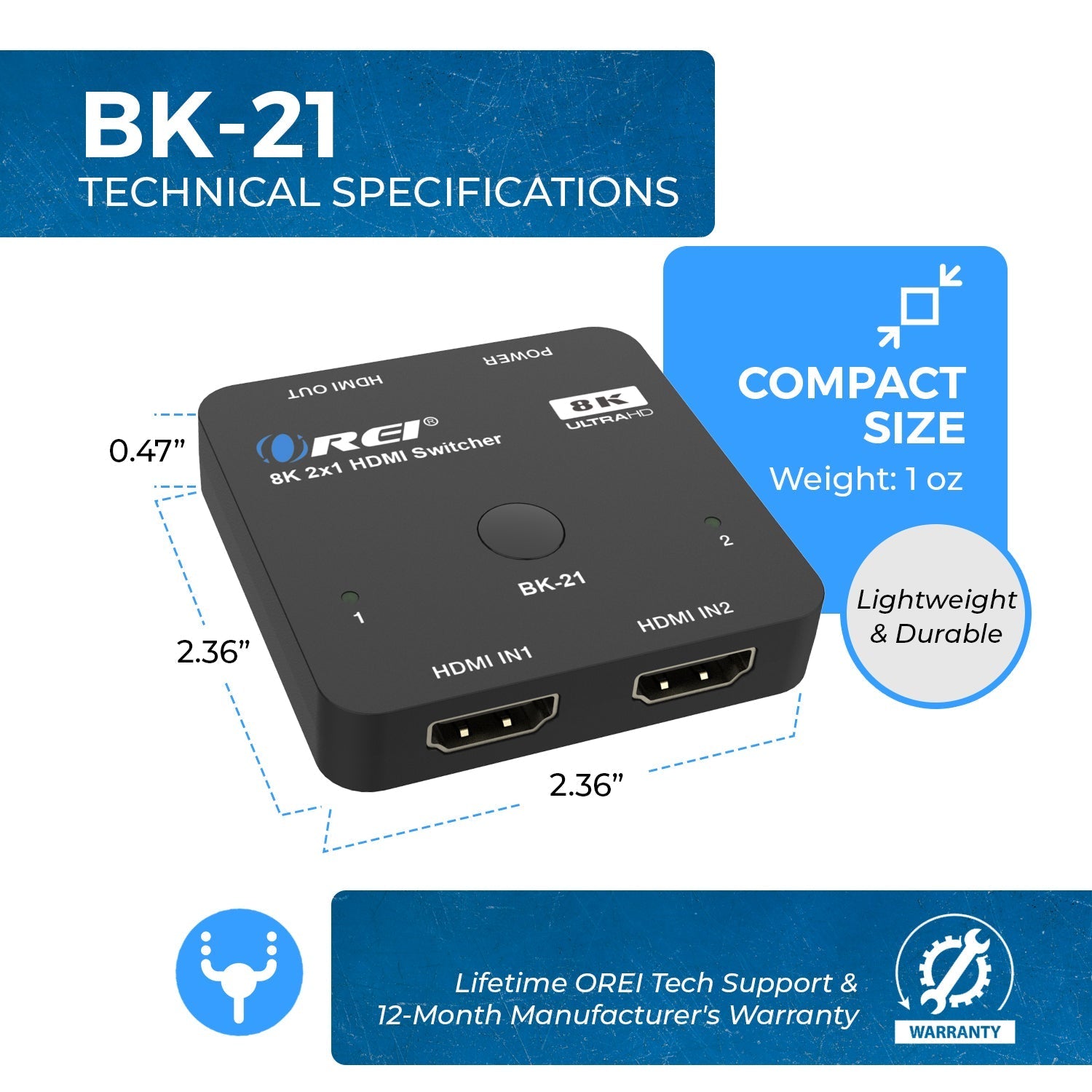 2 in 1 Out 8K HDMI Switch with Audio Extraction - EDID Management, HDR10+ & Dolby Vision Support - Perfect for Home Theater & Gaming Setup (Model BK 21)