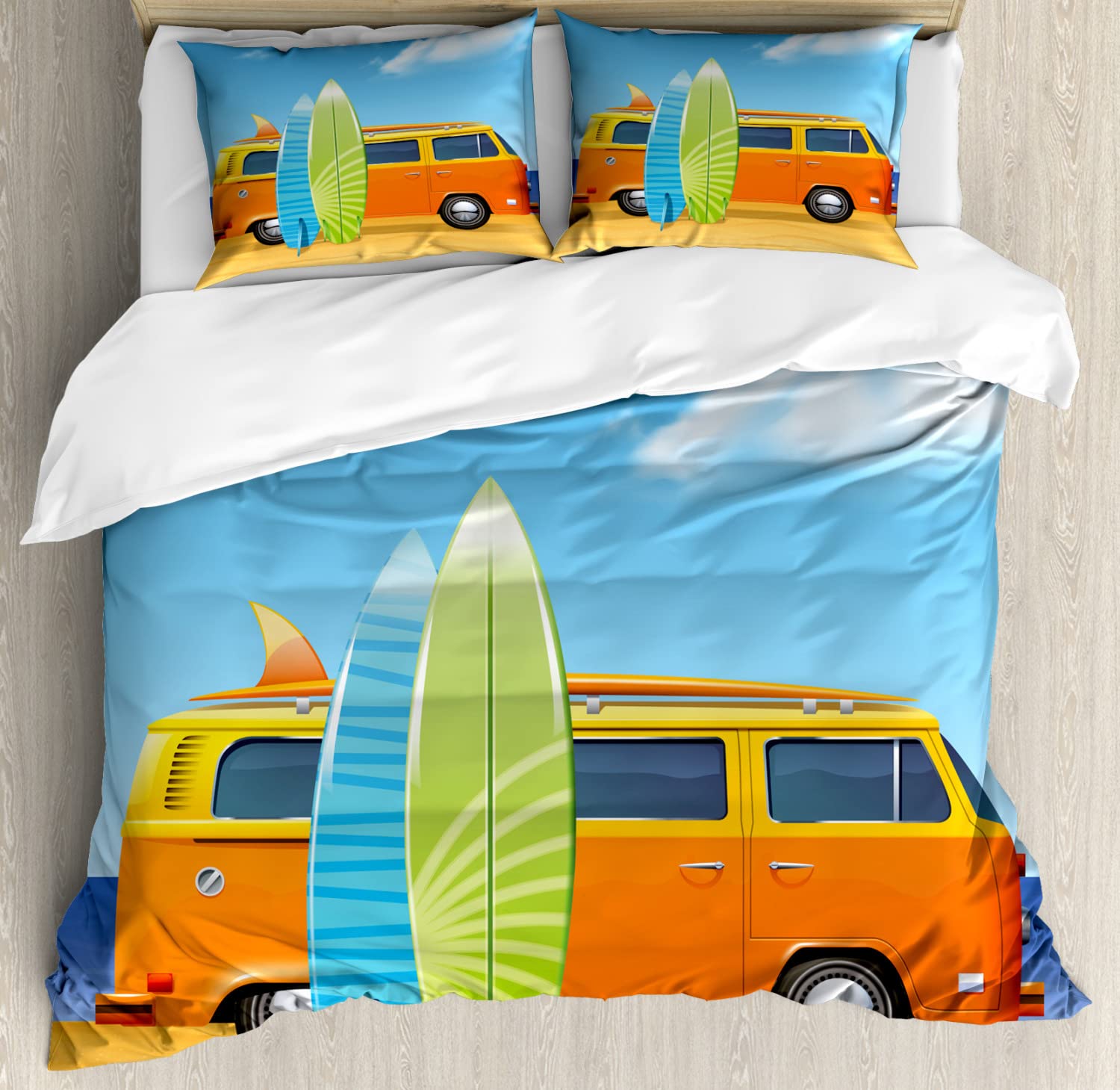 Ambesonne Graphic Beach Duvet Cover Set - Happy Camper Retro Van & Colorful Surfboards Cartoon Design, 2-Pack King Size Bedding Set with 2 Duvet Covers & 4 Pillowcases, Sky Blue Multicolor - Perfect for Coastal Themed Bedrooms, Vacation Homes & Summer Decor
