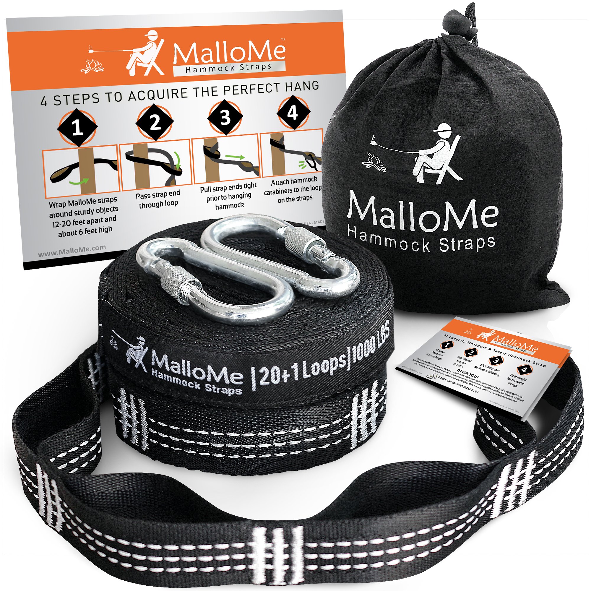 MalloMe XL Heavy Duty Hammock Straps for Trees - 2000+ LB Capacity, 40 Loops, No Stretch Suspension System with 2 Carabiners | 12 Feet Black | Perfect for Camping, Backpacking & Outdoor Adventures