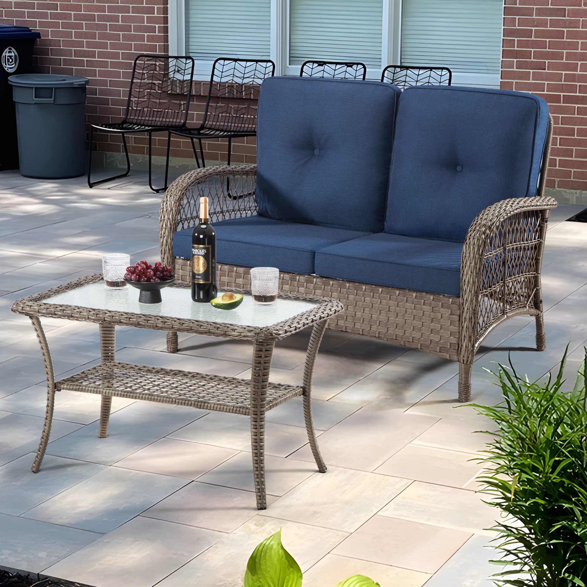 Joyside 2-Piece Patio Wicker Furniture Set - All Weather Resin Rattan Outdoor Sofa & Coffee Table with Olefin Cushions (Brown/Blue) - Perfect for Garden, Backyard, Poolside & Patio Relaxation