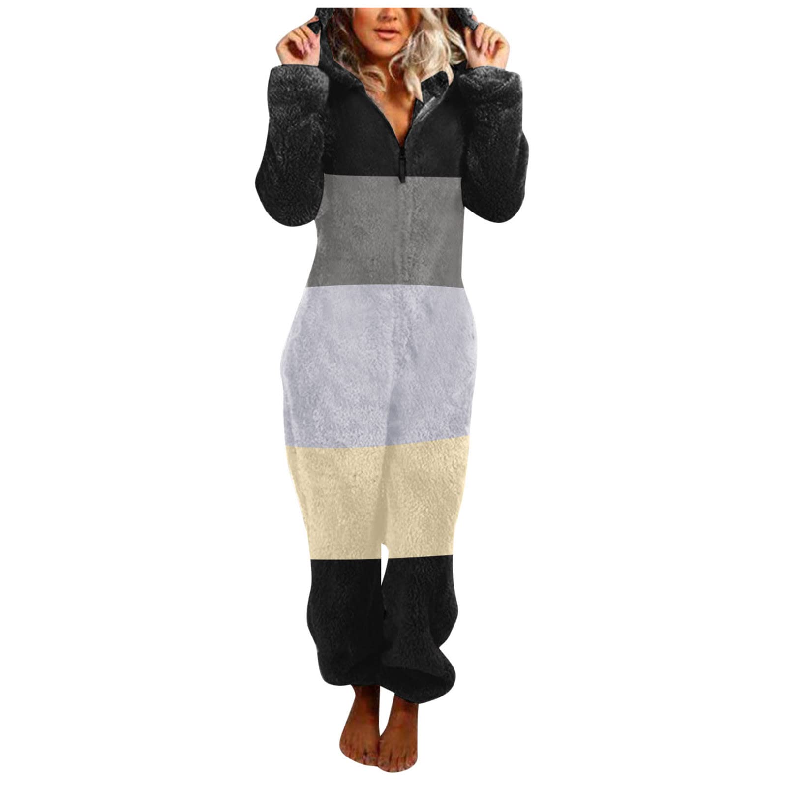 Women's Warm Hooded Long Sleeve Jumpsuit Pajama Set - Cozy Winter Sleepwear for Women - Perfect for Lounging, Sleeping & Cold Weather Comfort (Black)