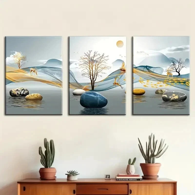 3-Piece Abstract Geometric Landscape Elk Metal Wall Art - Ready to Hang Modern Home Decor for Living Room, Bedroom & Office