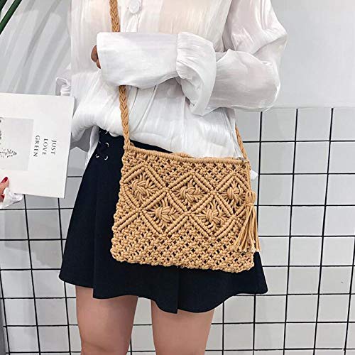 Van Caro Handwoven Cotton Straw Shoulder Bag - Bohemian Crochet Tassel Beach Purse for Women | Perfect for Summer Outings, Vacations & Boho Fashion Accessories