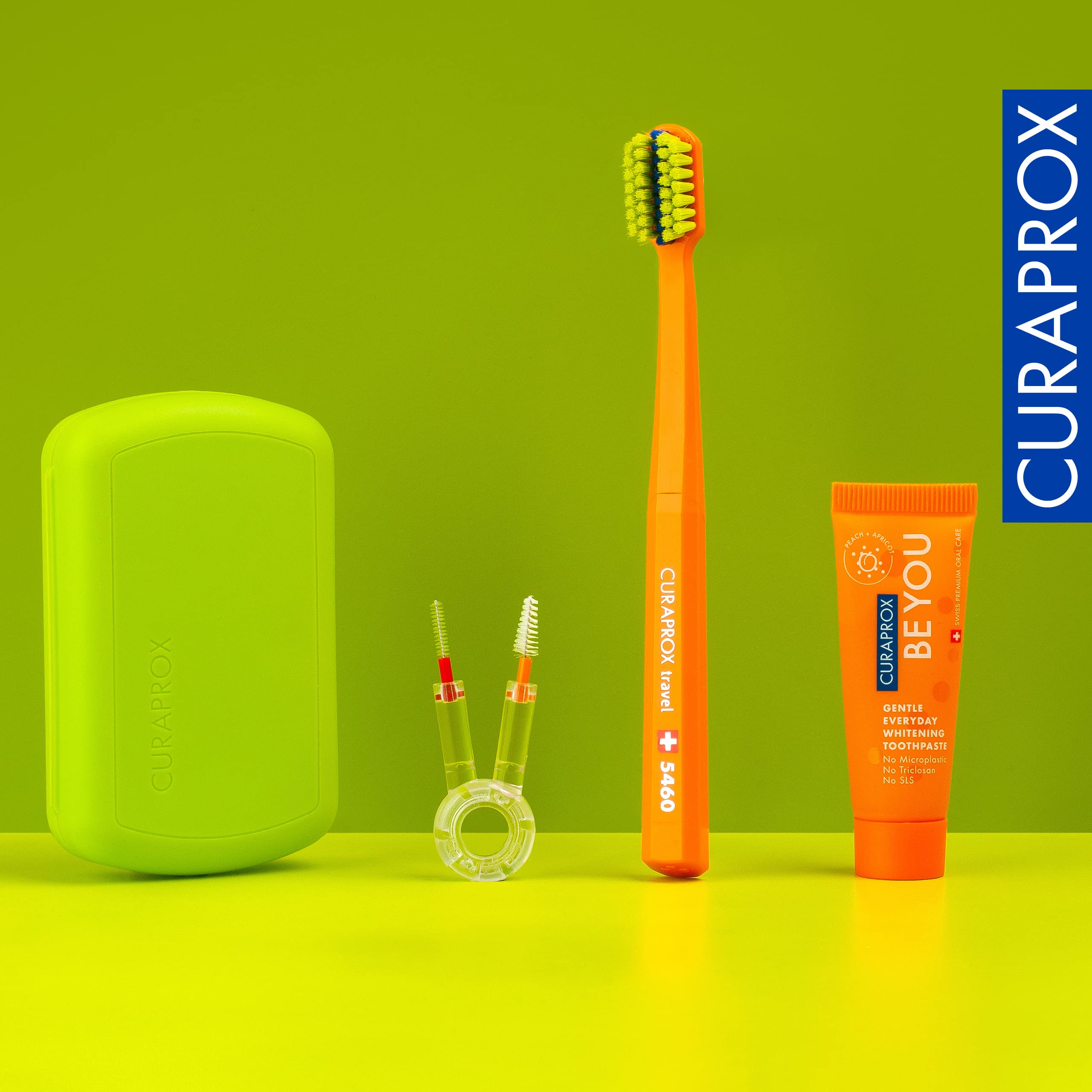 Curaprox Ortho Green Travel Dental Care Set - Toothbrush, Interdental Brush, 10ml Toothpaste & Travel Case | Perfect for On-the-Go Oral Hygiene While Traveling, Camping or Business Trips