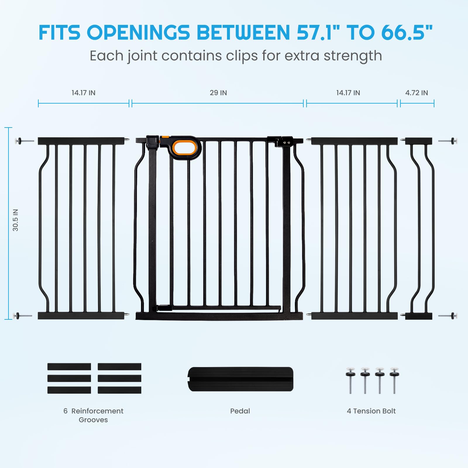Owlie Extra Wide Adjustable Baby & Pet Safety Gate (57-66 Inch) - Pressure Mounted for Stairs, Doorways - 30.5