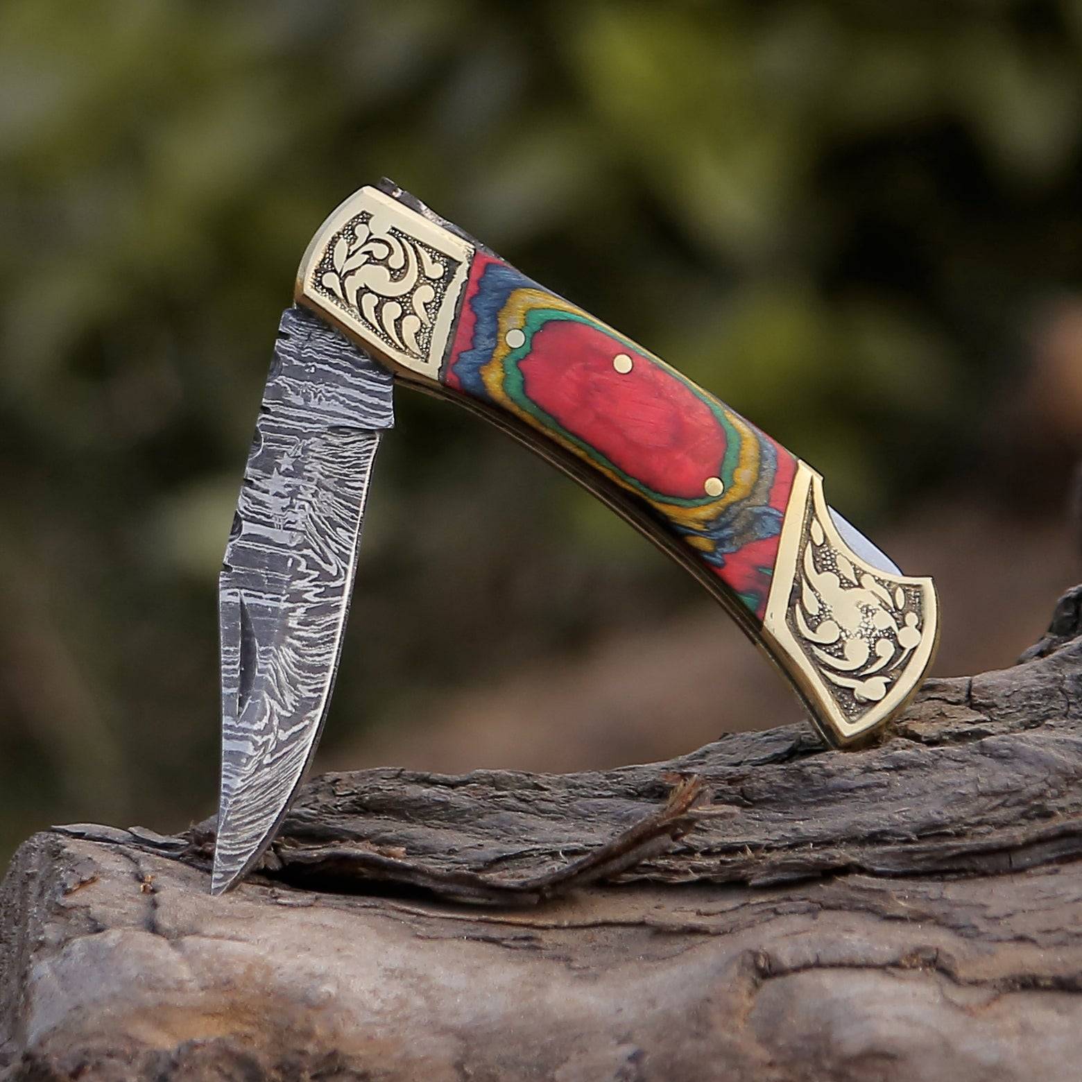 Premium Expedition Damascus Folding Pocket Knife - Handcrafted Pakka Wood Handle - Perfect for Camping, Hiking & Outdoor Adventures