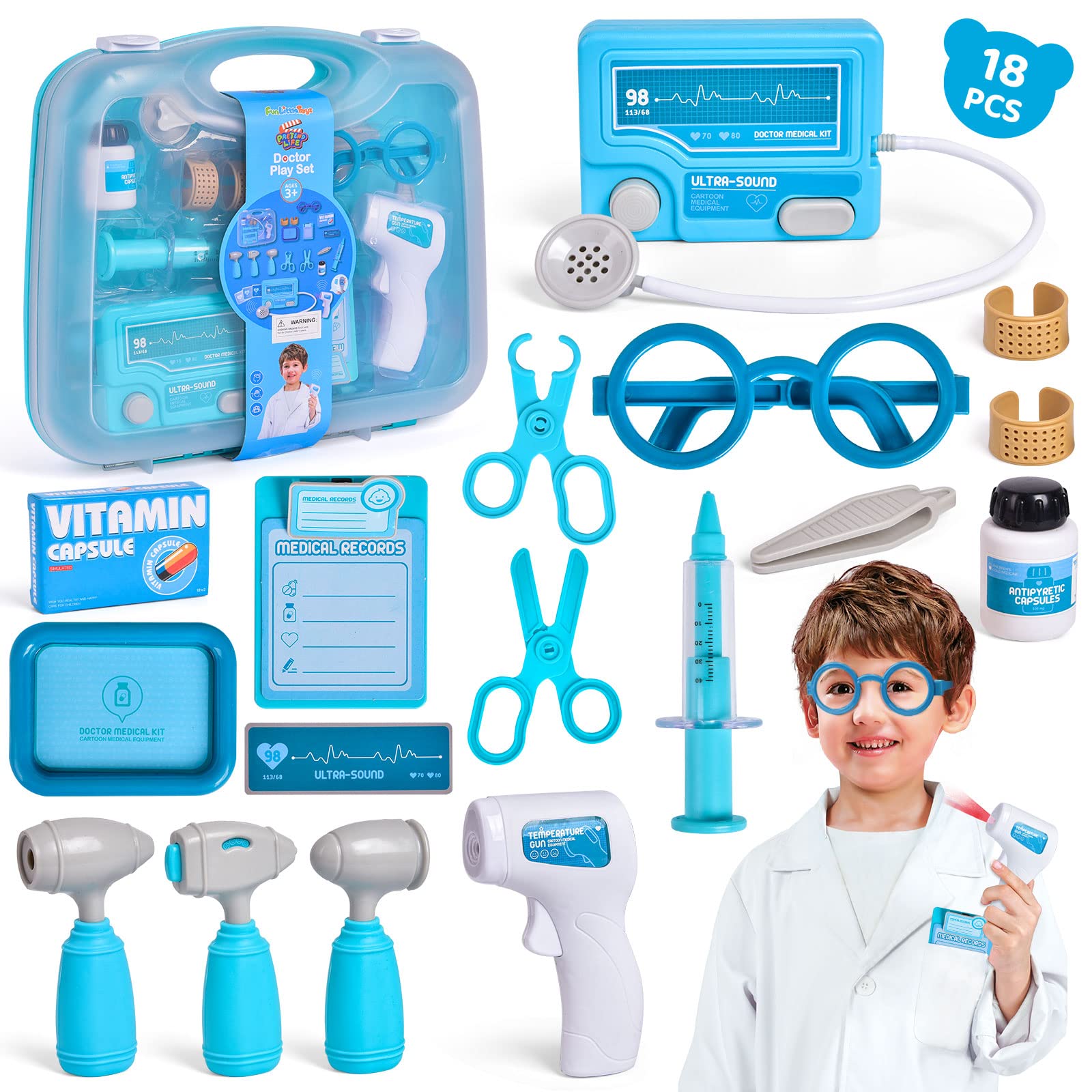 18PCS Realistic Doctor Play Set for Kids - Educational Medical Pretend Toy Kit with Stethoscope & Tools | Perfect for Toddler Role Play, Birthday Gifts & Early Learning (Doctor Costume Not Included)