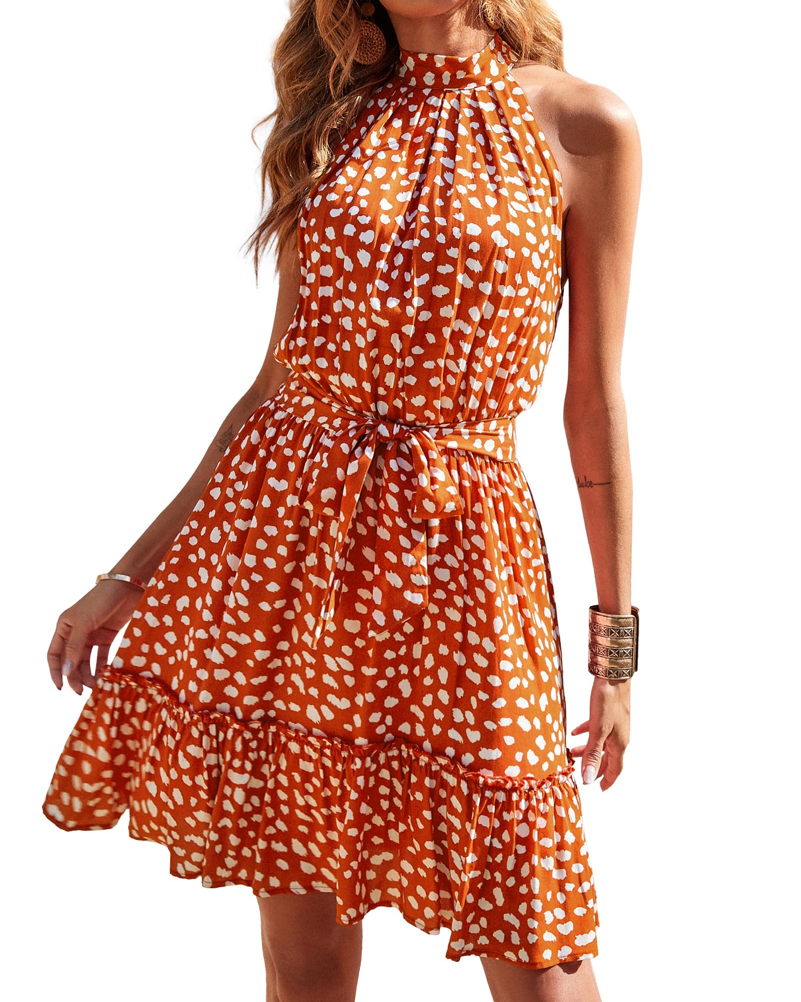 BTFBM Women's Halter Neck Summer Dress 2025 - Floral & Polka Dot Sleeveless Boho Mini Dress with Ruffle Trim | Casual Beachwear, Spring Outfits, Vacation Dress for Pool Party & Summer Travel