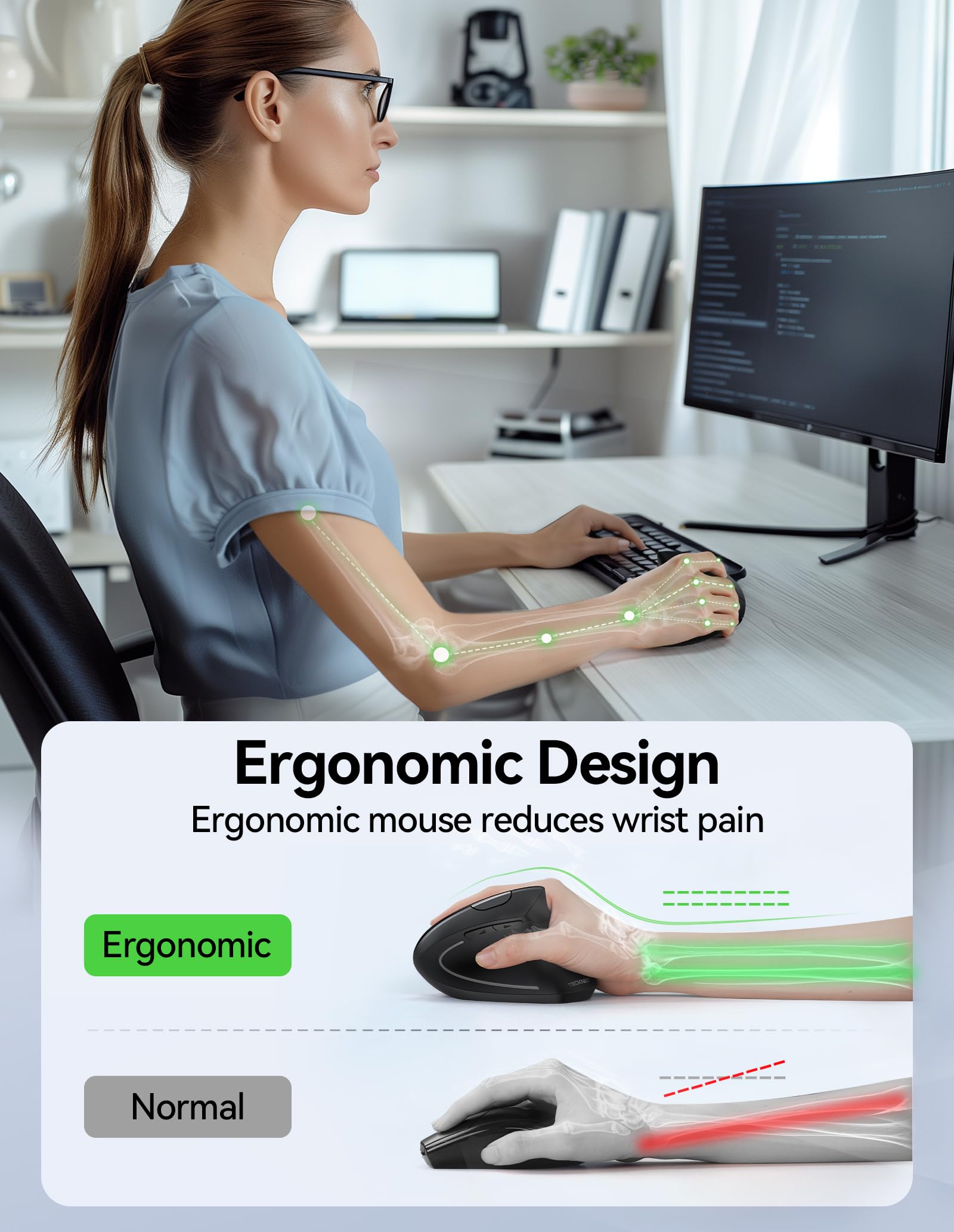 TECKNET Wireless Ergonomic Mouse - Rechargeable Vertical Mouse for Right Hand, Silent Click, 4800 DPI Adjustable, 2.4GHz USB for Laptop, Computer, MacBook & Desktop - Perfect for Office Work, Gaming & Reducing Carpal Tunnel Pain