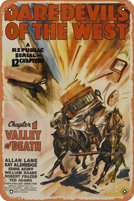 Vintage Daredevils of the West Movie Poster Metal Tin Sign - 12x8 Inch Retro Wall Art for Home, Bar & Cafe Decor - Perfect for Western Themed Rooms, Man Caves & Cowboy Style Interior Design