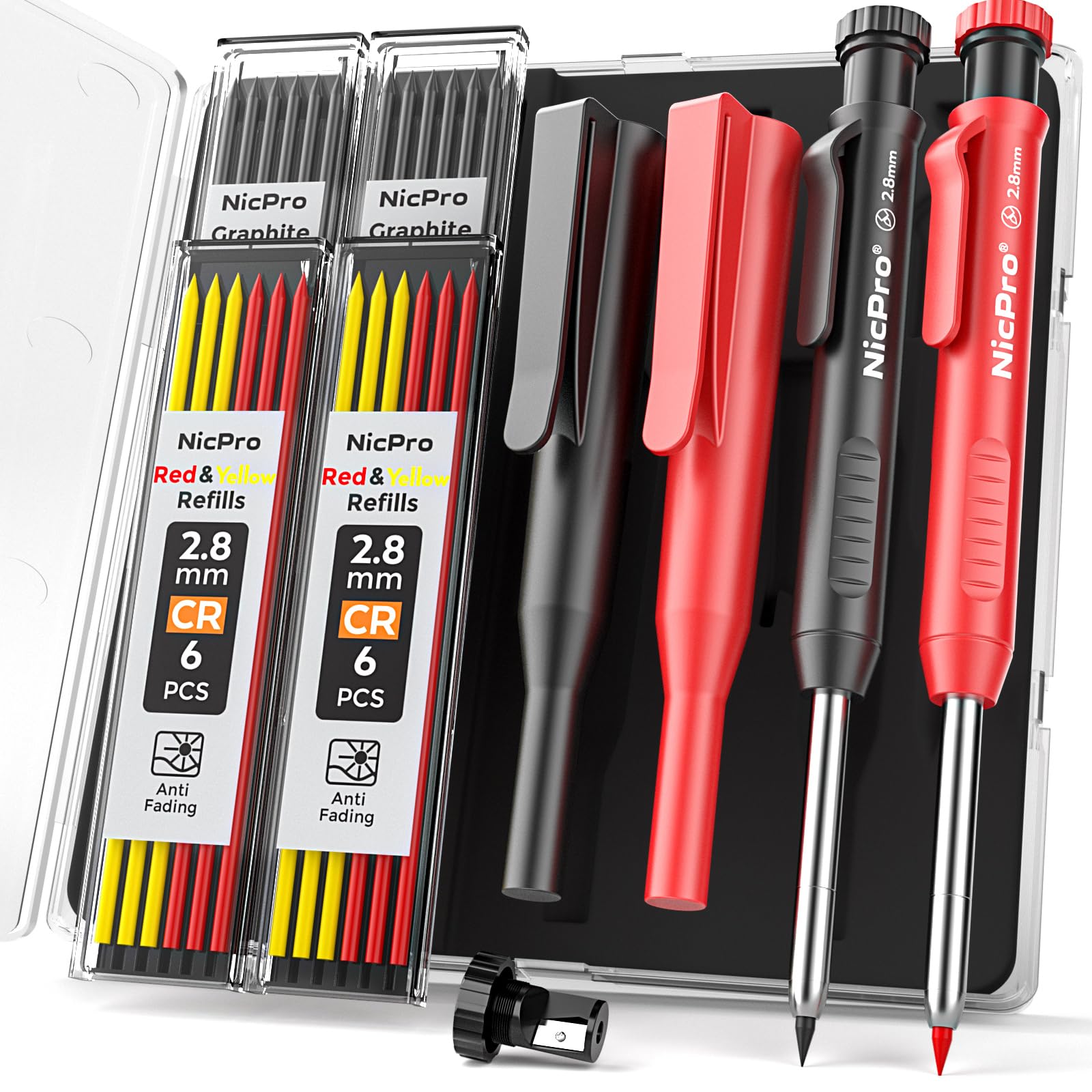 Nicpro 2-Pack Heavy Duty Mechanical Carpenter Pencils with Sharpener & 26 Refills (Red, Black, Yellow) - Durable Construction & Woodworking Pencils for Architects, Builders, Contractors - Perfect for Framing, Marking Lumber, and DIY Projects
